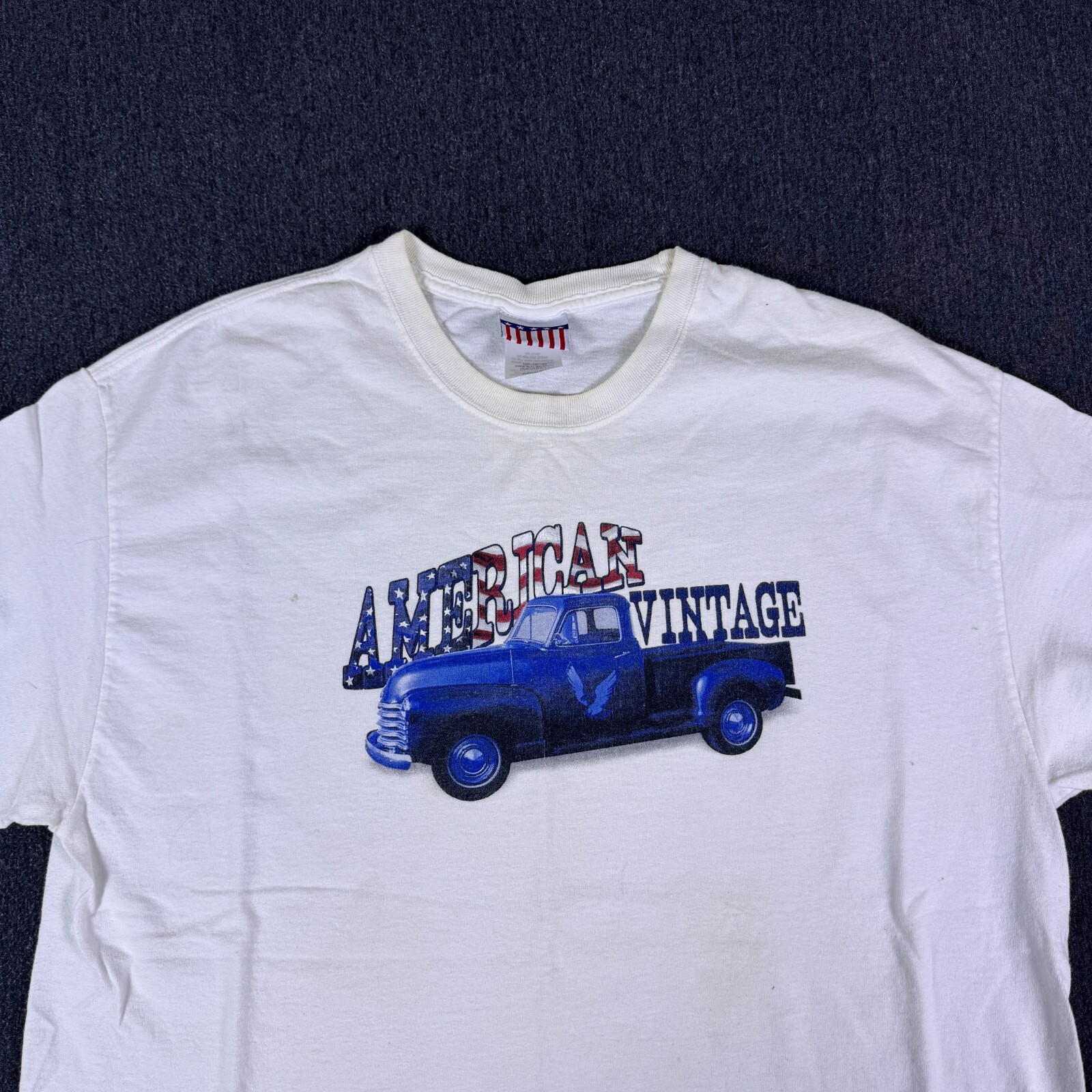 American Vintage Men’s White Car Graphic Print Crew Neck Casual T-Shirt Size L