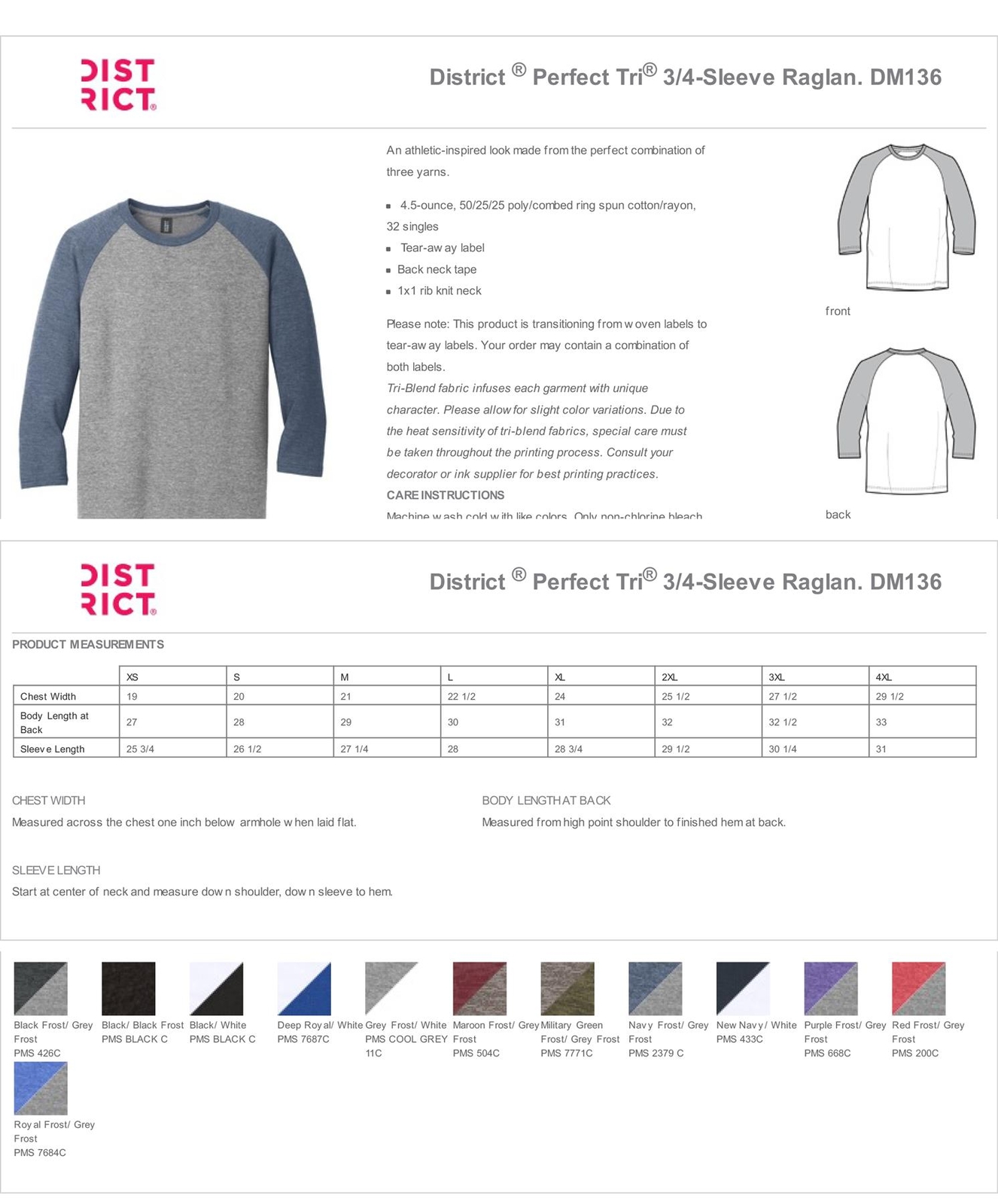 District Mens Perfect Tri T Shirt 3/4 Sleeve Raglan Stylish T-Shirt DM136