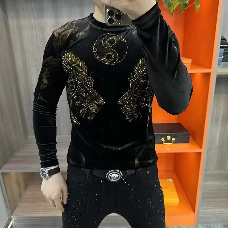 Luxury Men Fashion Lion Golden Velvet Rhinestone Diamond Long Sleeve T-Shirt