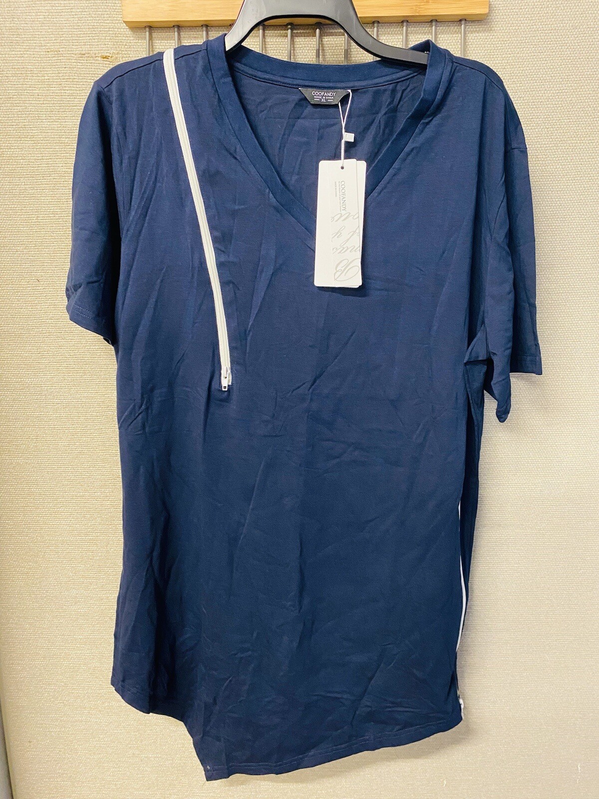 Men’s Coofandy Short Sleeve V-Neck Zipper T-Shirt Navy Blue XL