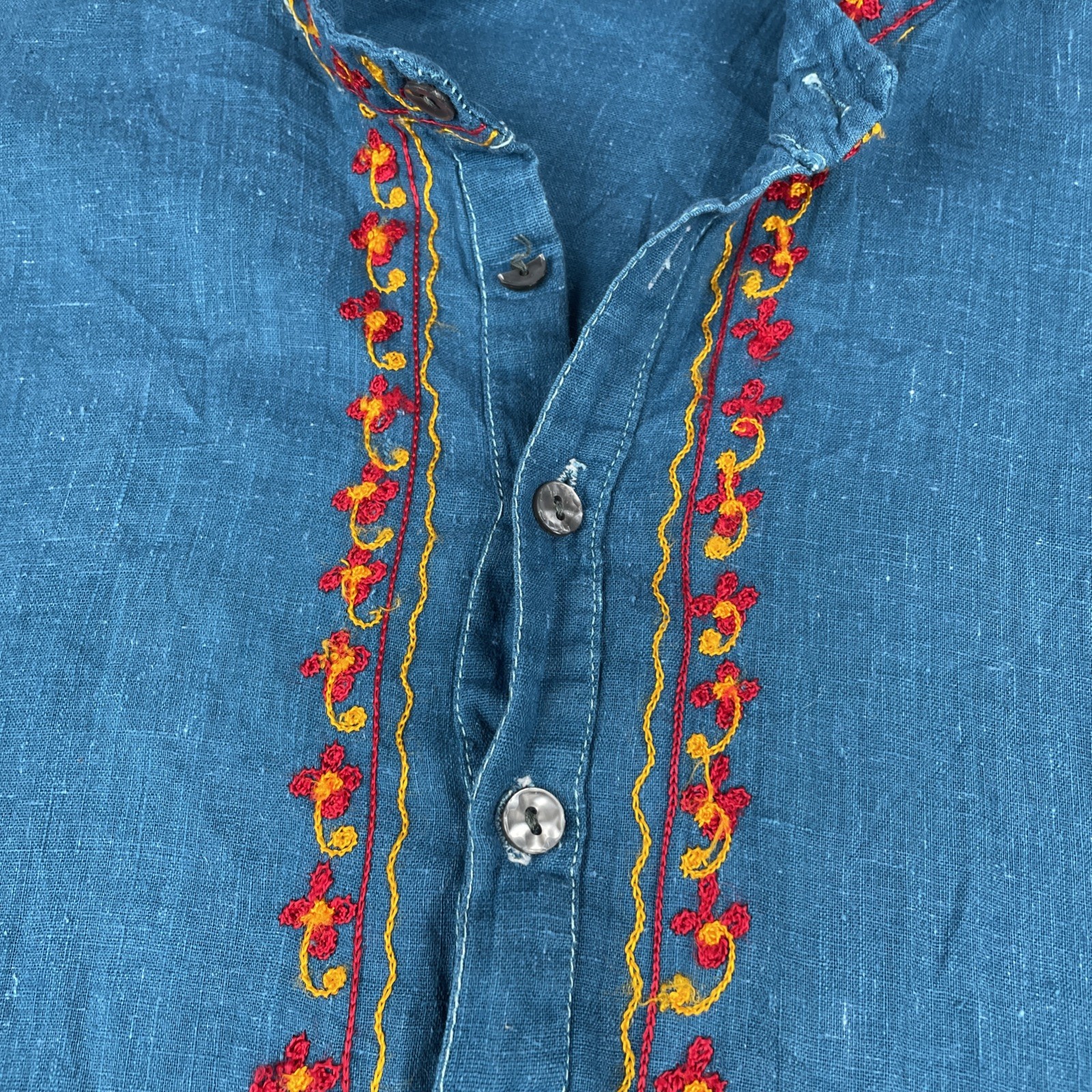 Traditional Indian Bohemian Relaxed Fit Shirt Dark Teal Blue L/XL Thin Knit
