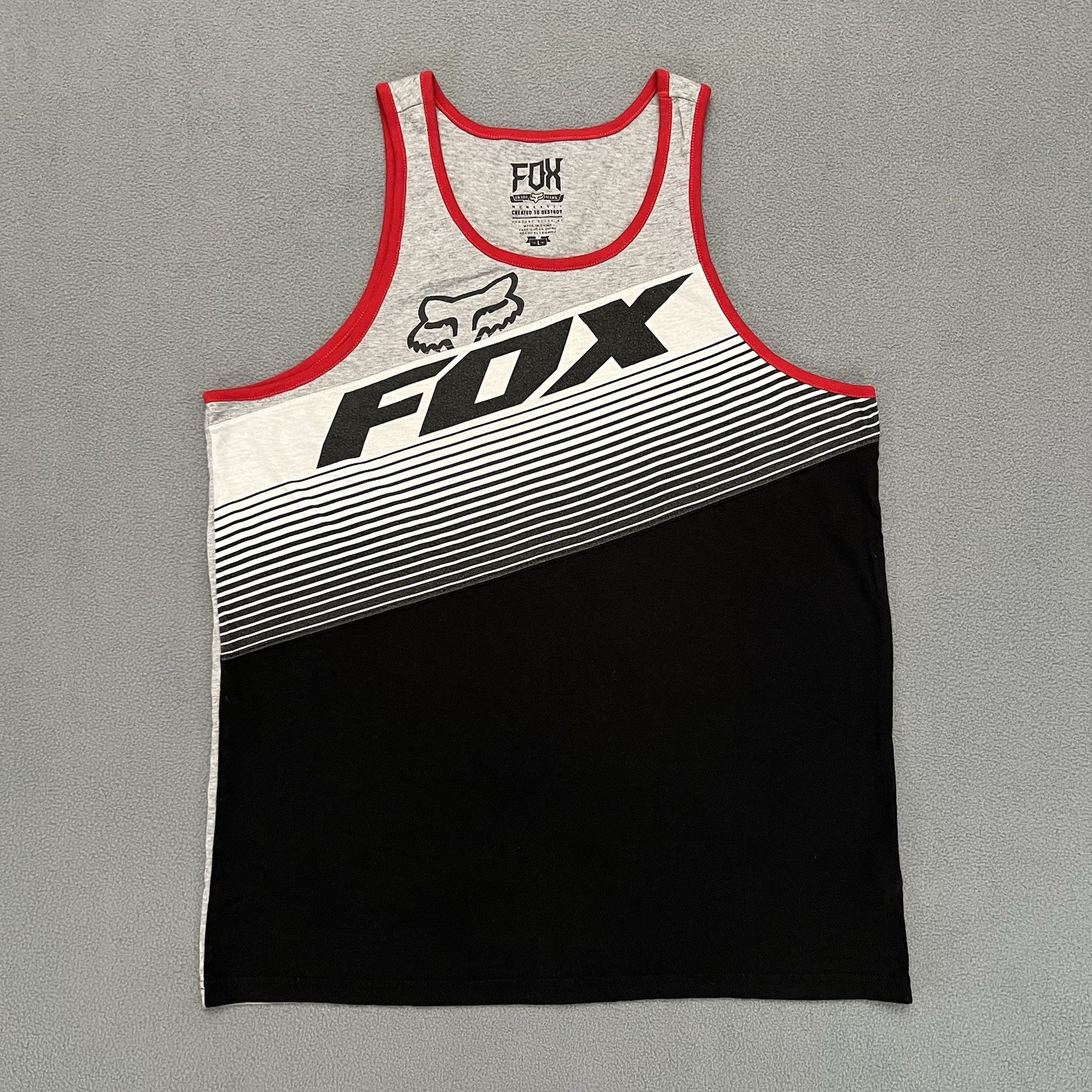 Fox Racing Logo Tank Top Mens Large Gray Black Strip Graphic Lightweight BMX