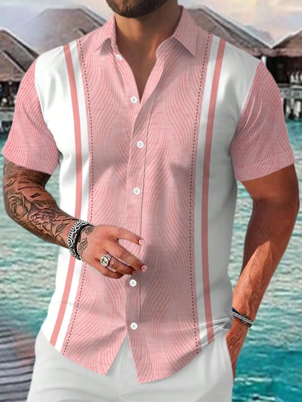 Men’s Casual Short Sleeve Guayabera Cuban Beach Wedding Button-up Dress Shirt