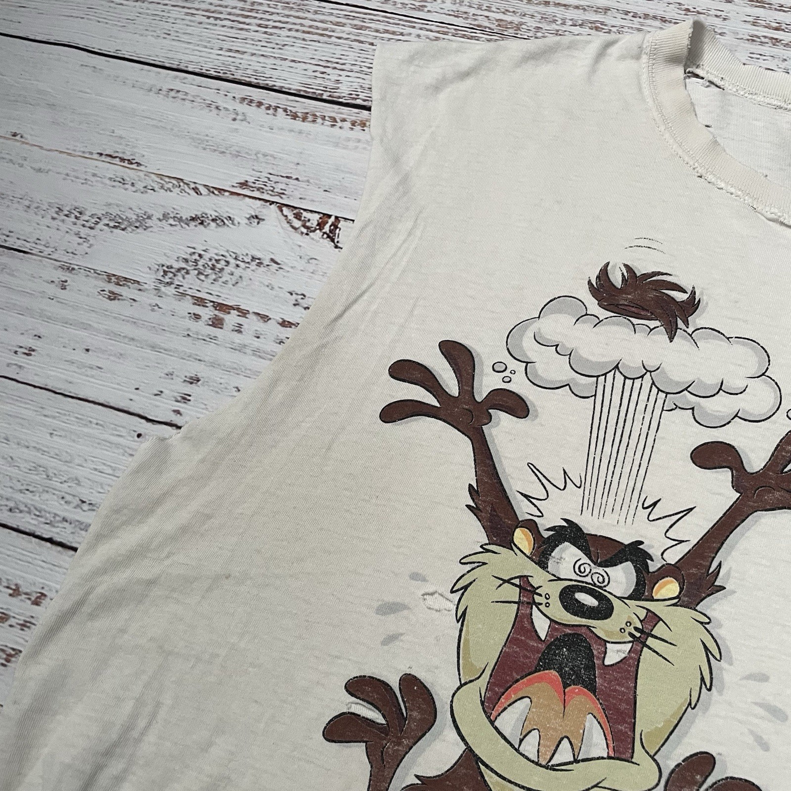 Vintage 90s Taz Looney Tunes Distressed Worn Faded Cut Off White Shirt Adult 2XL
