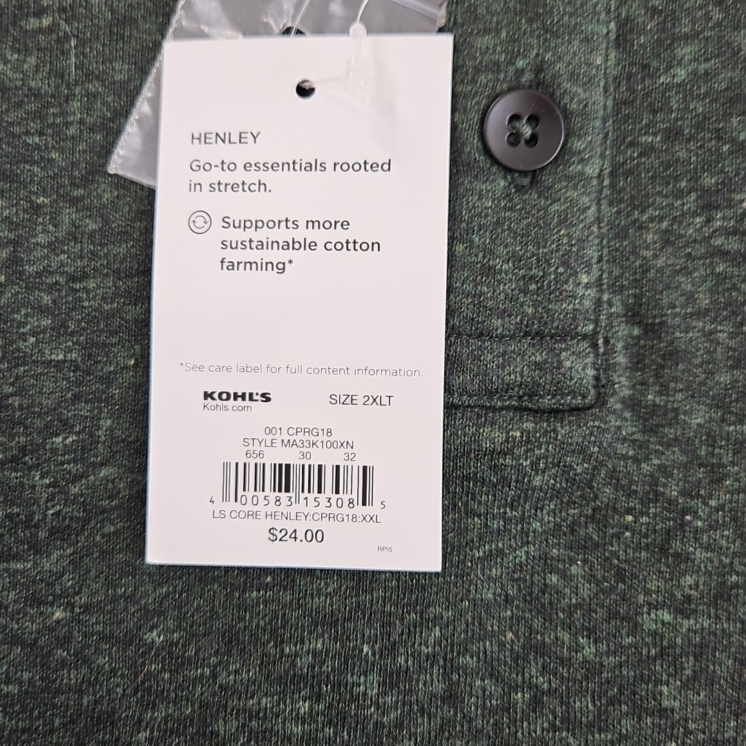 APT 9 Premier Flex Henley Men’s 2XLT Hunter Green Long Sleeve NEW Stretch NWT