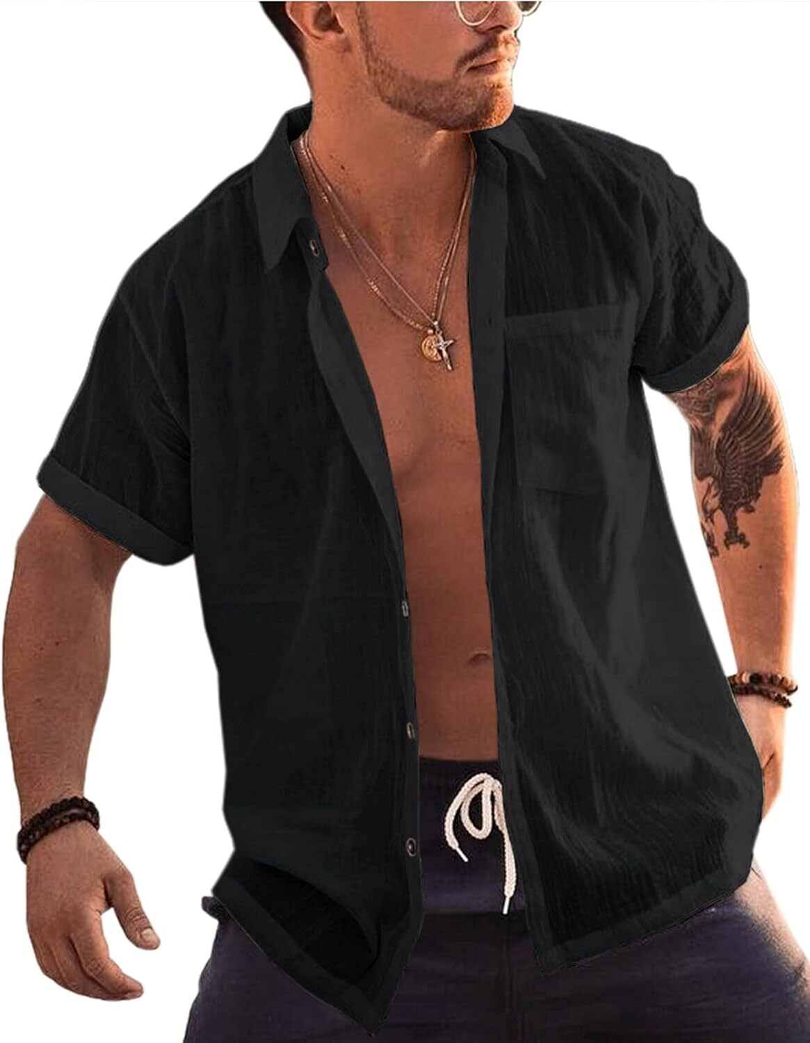 Men’s Short Sleeve Button-Up Linen Cotton Beach Shirt – Spread Collar Tops