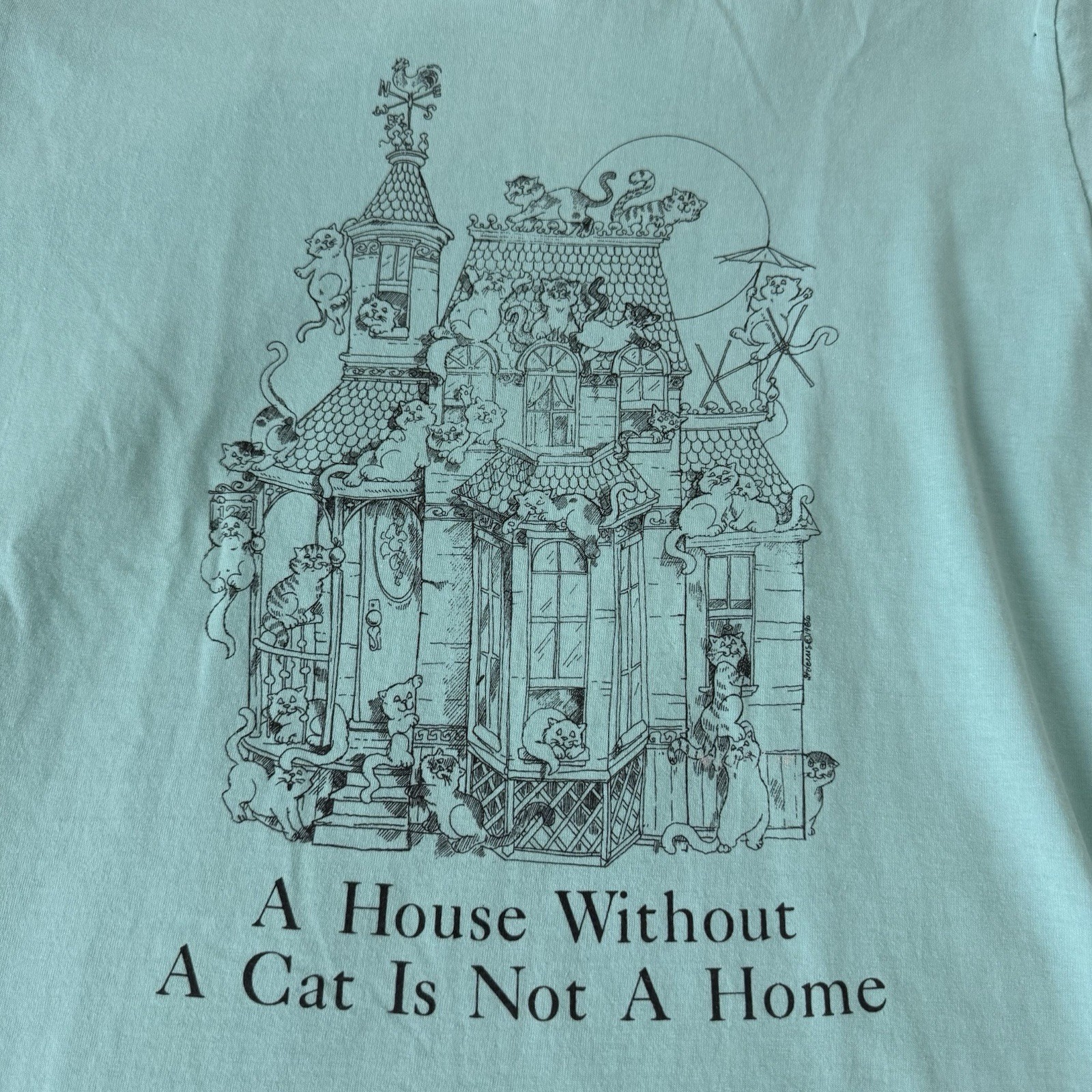 Vintage 80s 1986 Cat Lover T Shirt Blue House Without Cats Not A Home Size XL