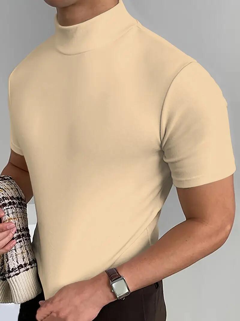 Fashion Men High Neck Short Sleeve T-Shirt Sophisticated Soft Fabric Beige New