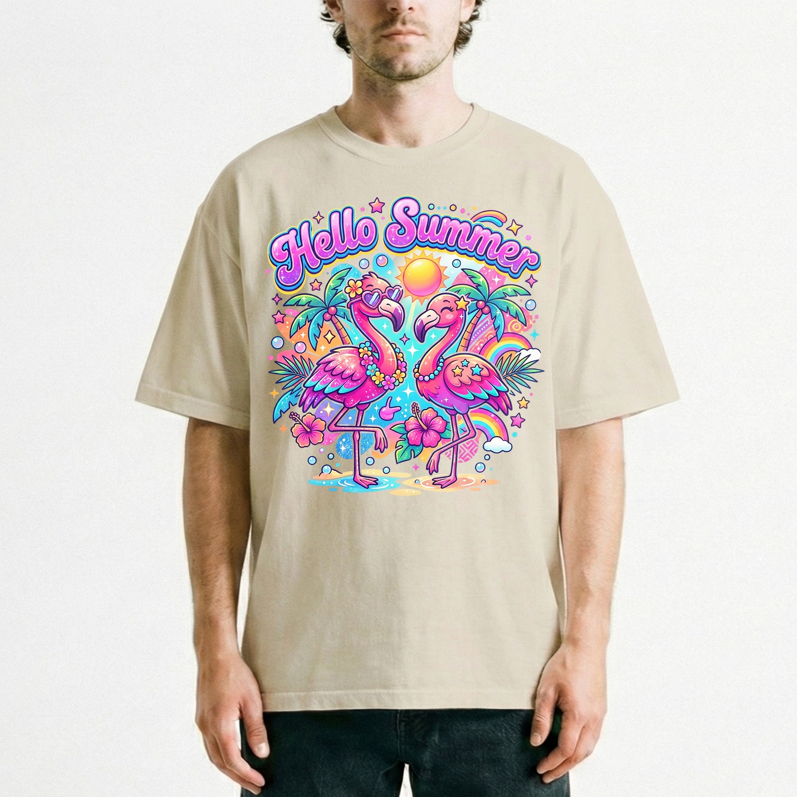 Hello Summer Tropical Flamingo T-Shirt Retro Neon Beach Vacation Holiday Tee