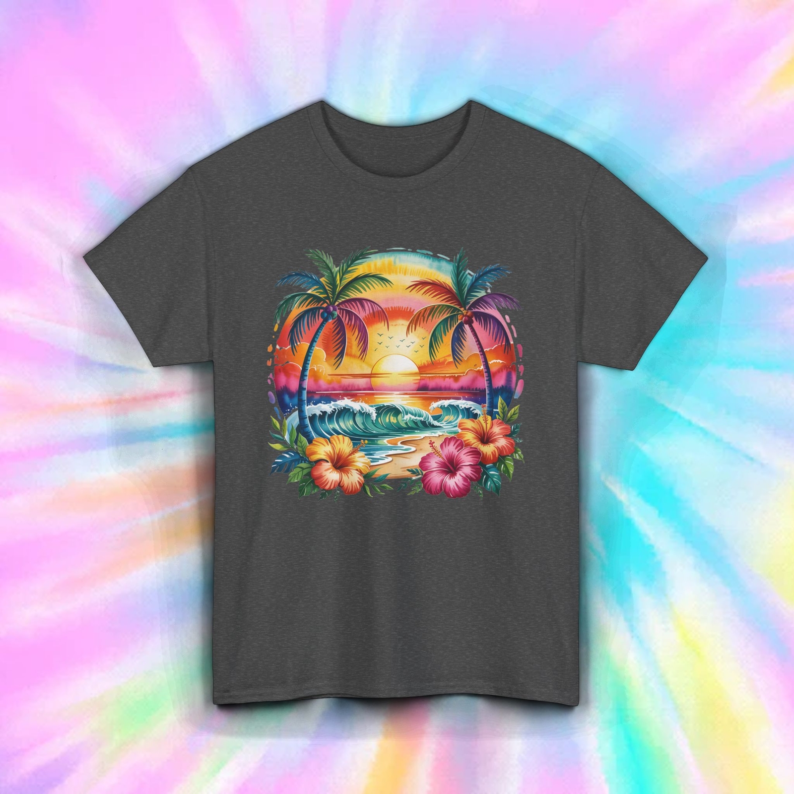 Tropical Sunset Palm Beach Wave Vacation Vibe Graphic Tee Shirt S-5XL
