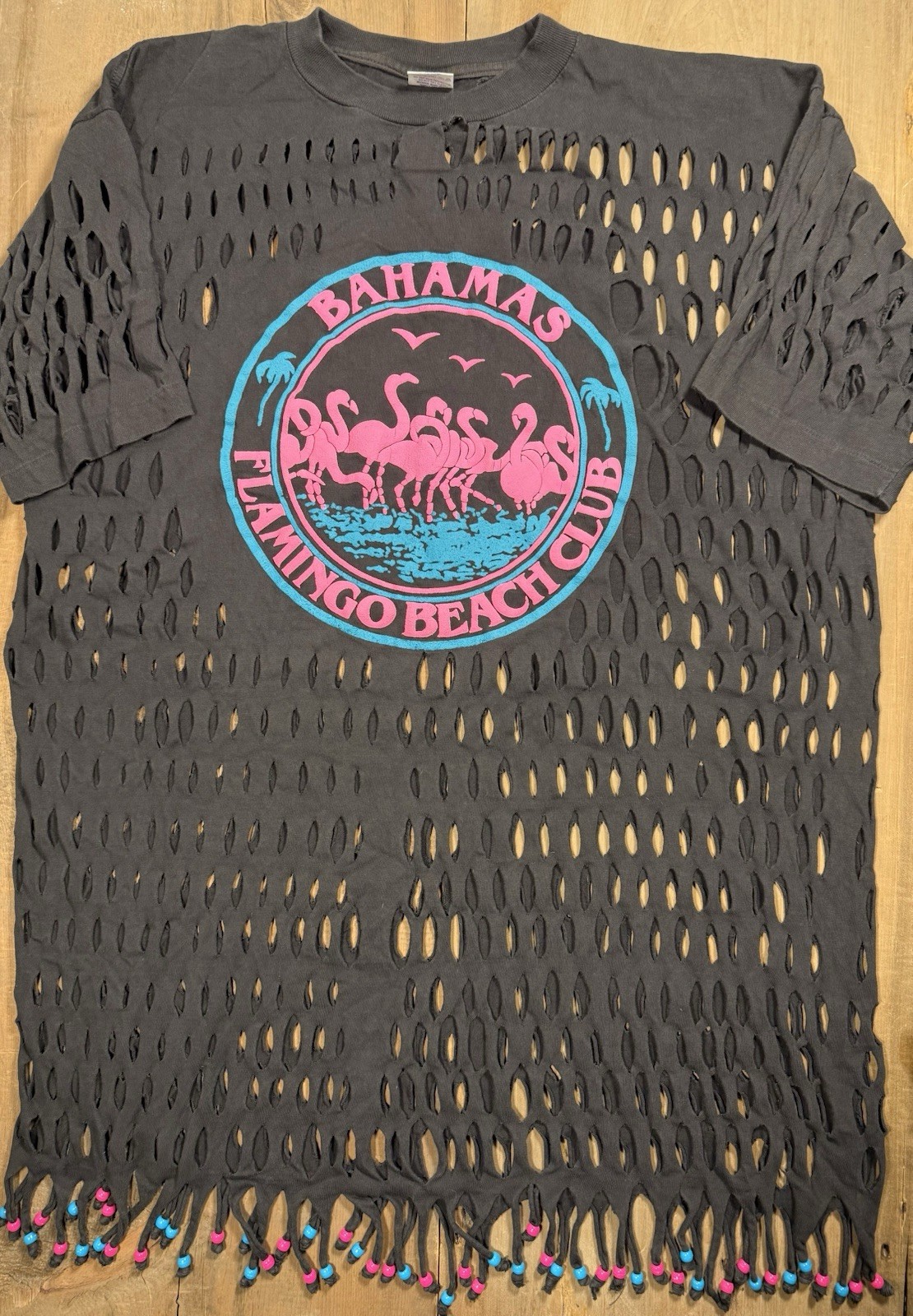 90s Dorsett Tees Flamingo Beach Club Graphic Beaded Distressed TShirt XXXL Black