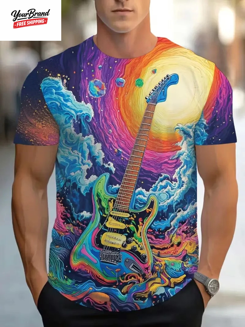 2025 Hip Hop Guitar Graphic T-Shirt for Men Trendy Rock Crew Neck Short Sleeve T