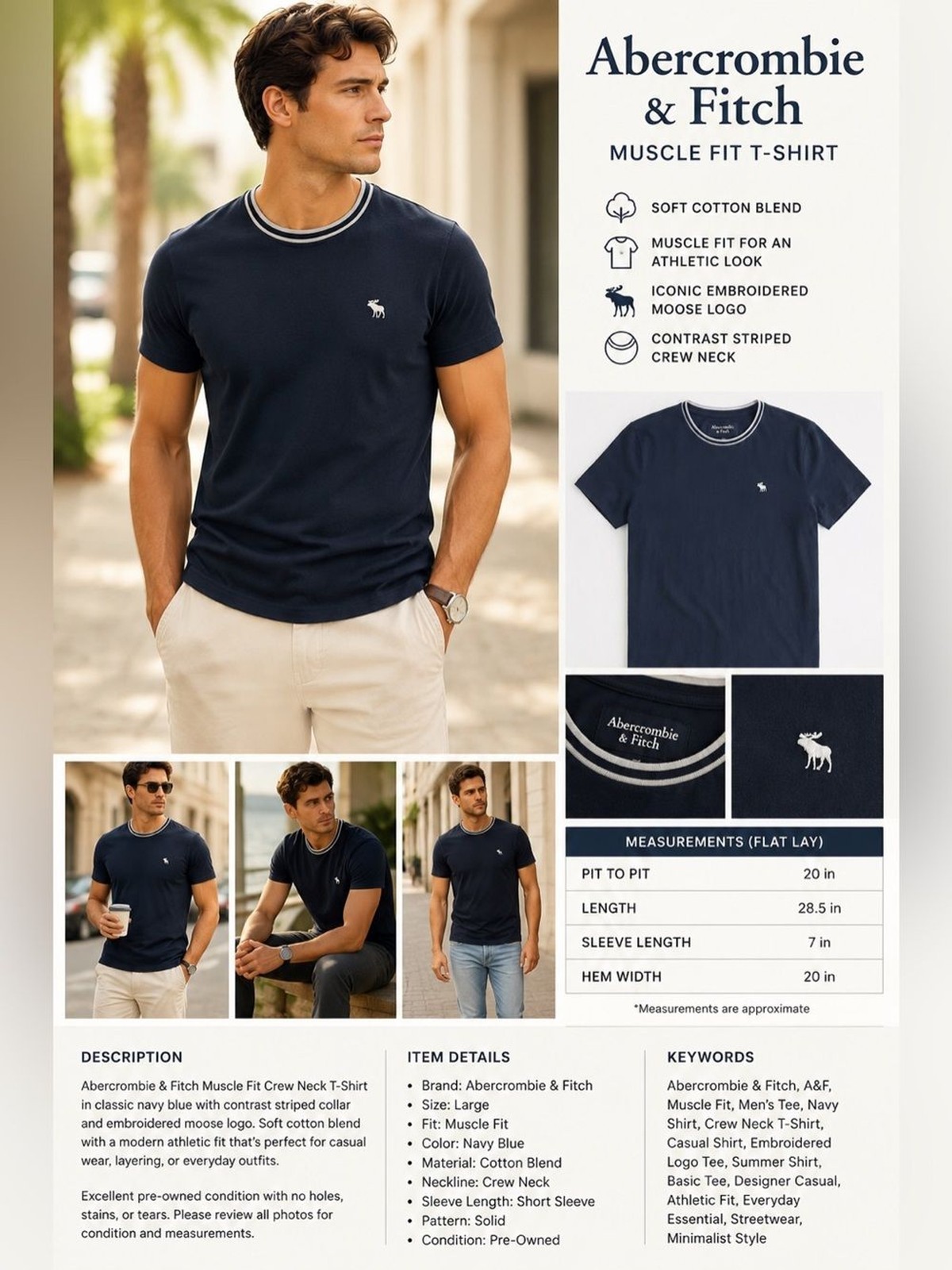 Abercrombie & Fitch Navy Short-Sleeve Crewneck with White Trim