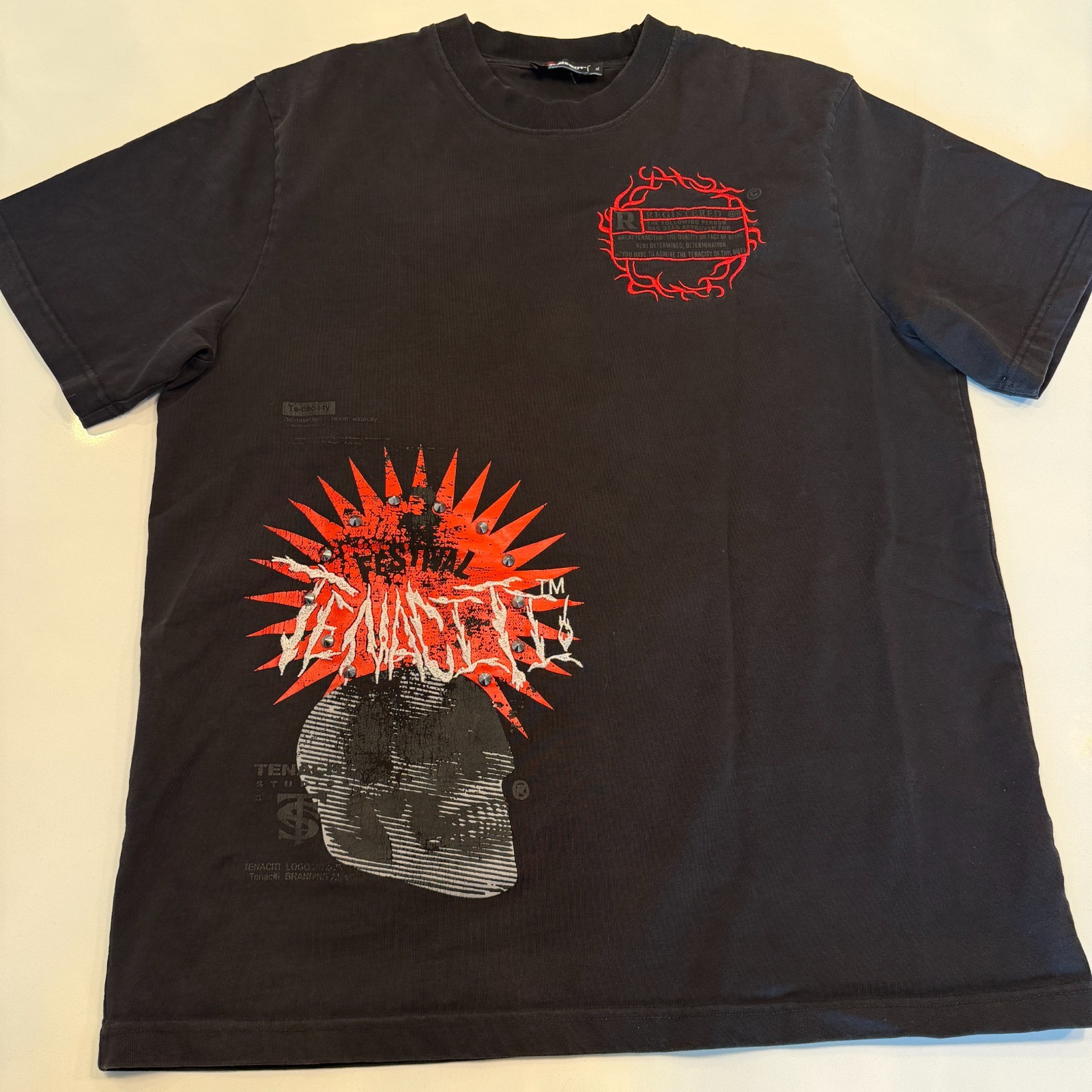 Tenaciti Studios Mens XL Black Graphic T-Shirt Skull Studded Punk Streetwear Tee