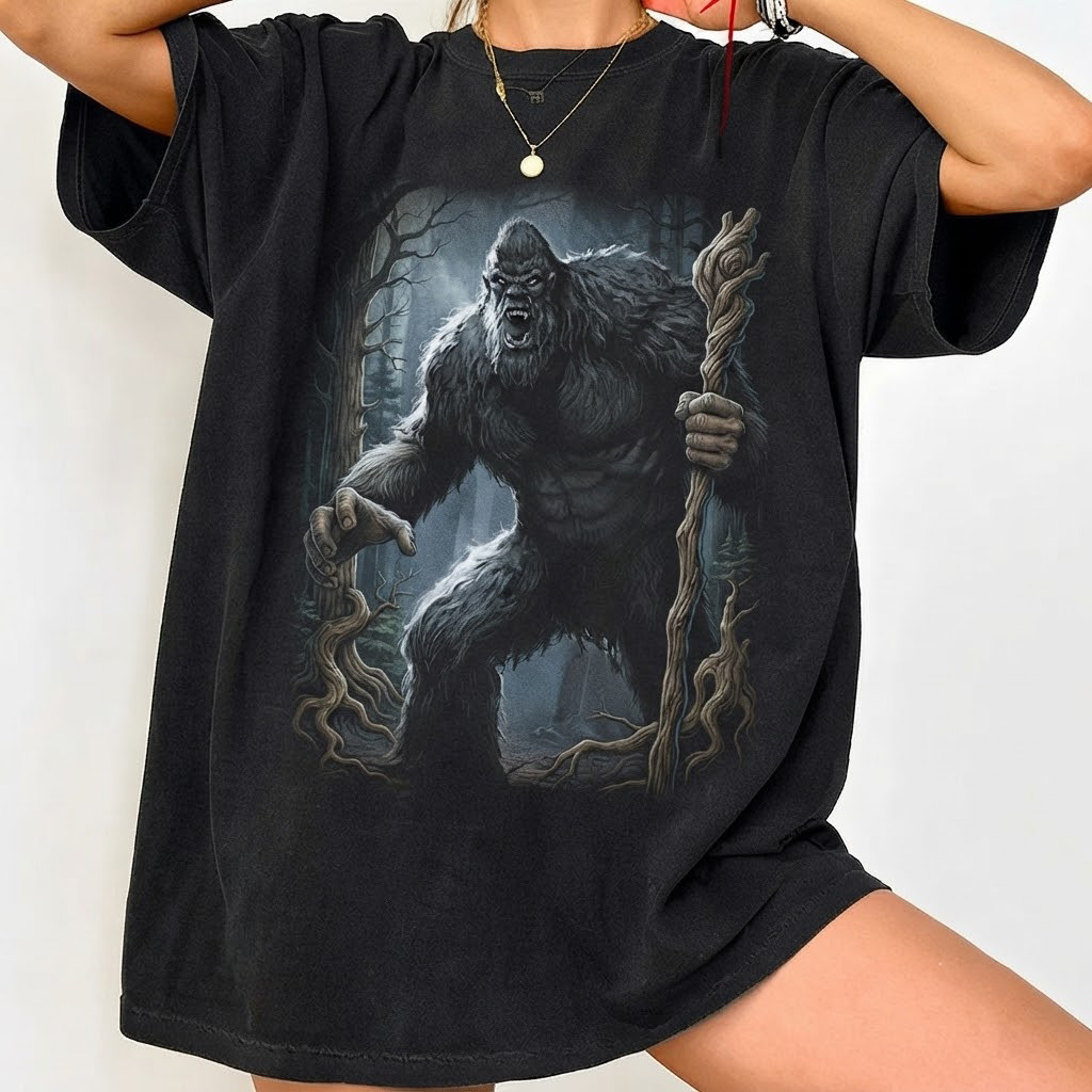Black Bigfoot Forest Warrior Shirt, Fierce Sasquatch Graphic Tee, Gift For Frien