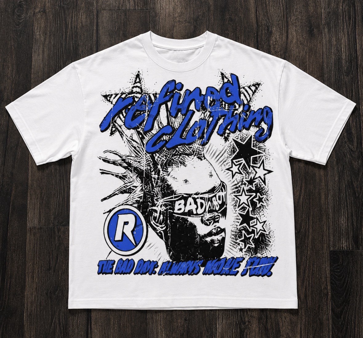 Refined Clothing Graphic T Shirt White Blue Streetwear Y2K Oversized Tee
