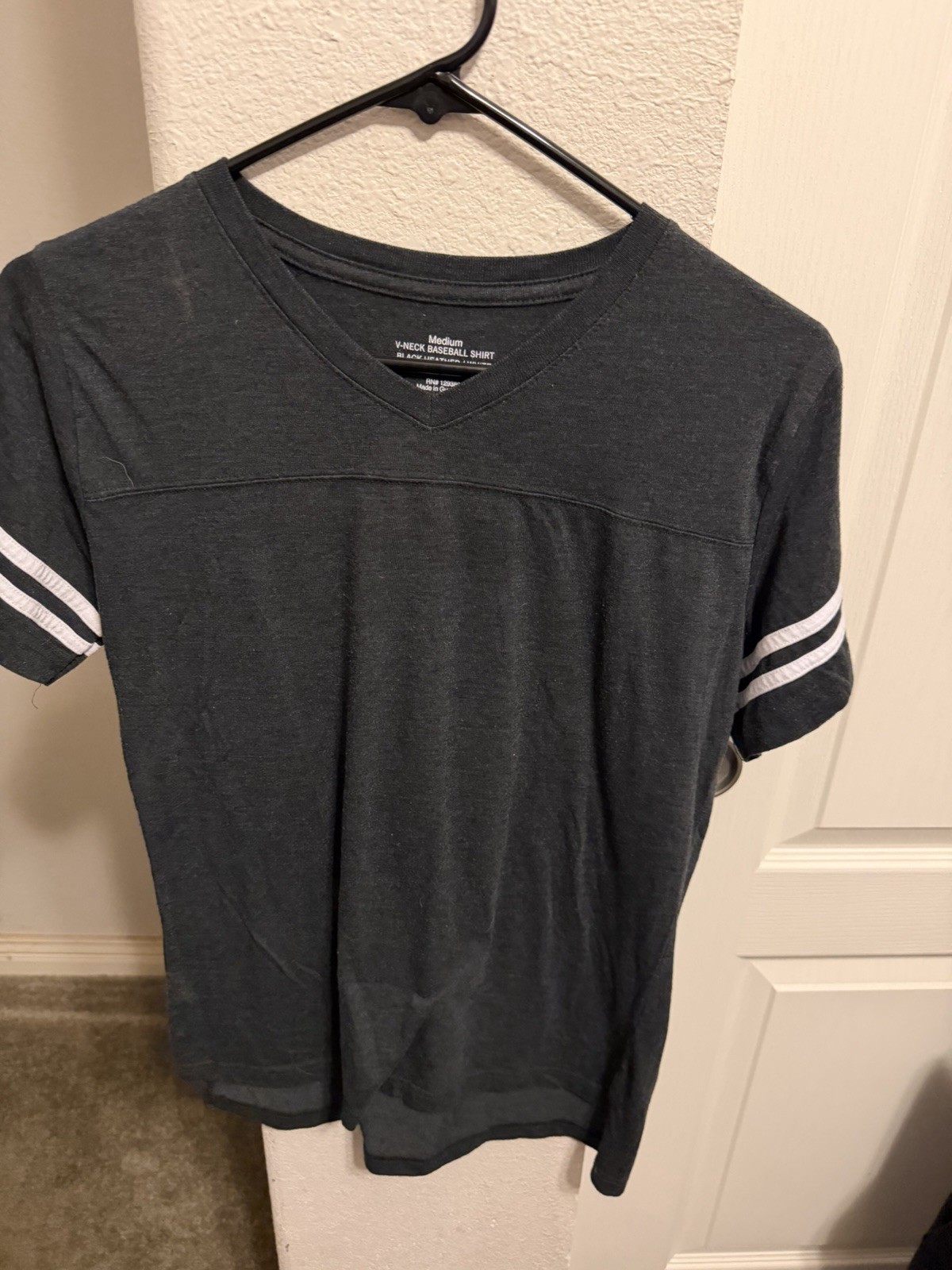 Men’s Gray V-Neck Short Sleeve T-Shirt with White Striped Sleeves, Size M