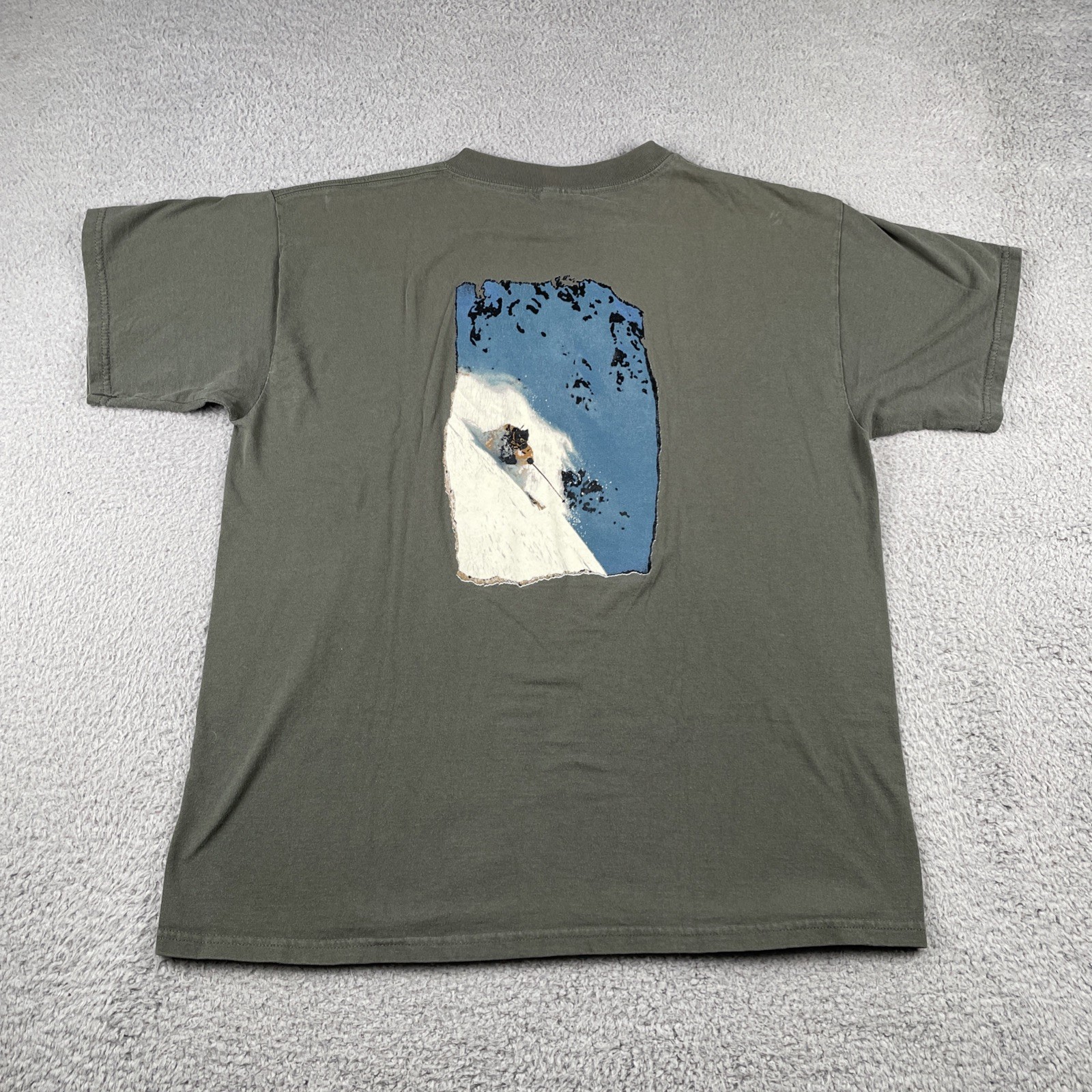 Vtg Tultex Olive Green XL Shirt Live2Play.com Skier Back Graphic Mountain Y2K