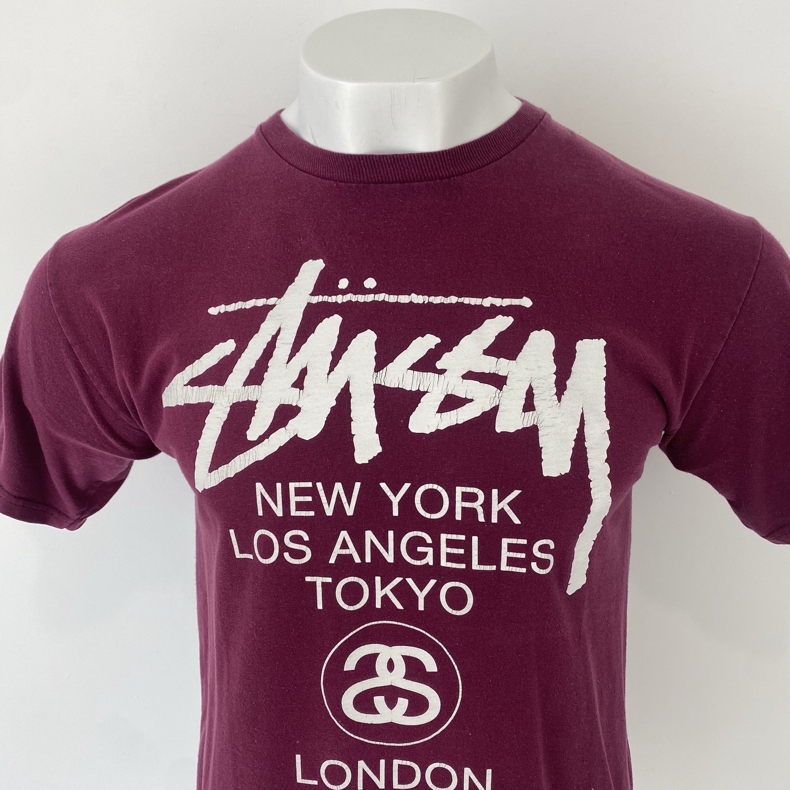 Stussy World Tour T Shirt Wine Red Medium Men’s Crew Neck Tee Spellout