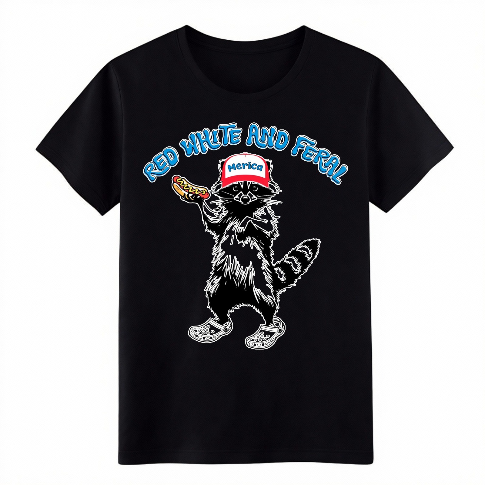 Novelty 4thOf July Raccoon T‑Shirt,Red White And Feral Unisex Casual Graphic Tee
