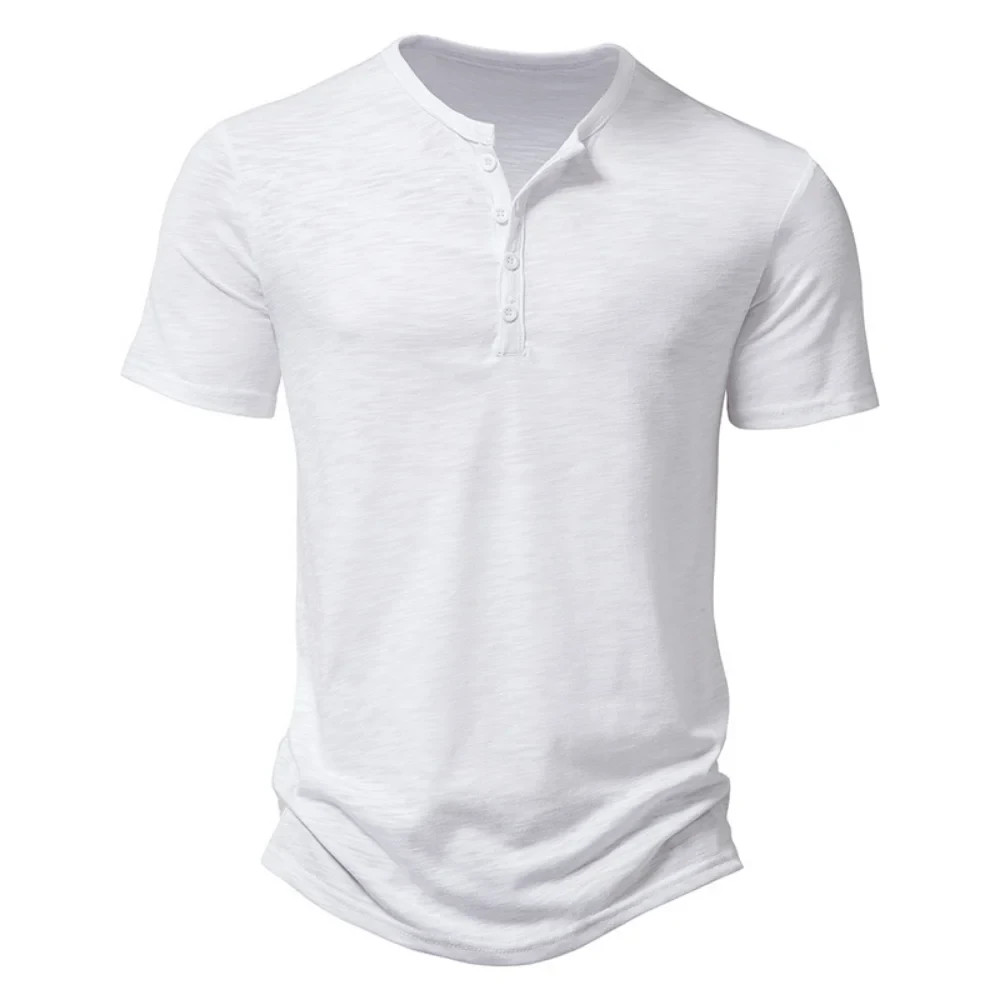 Henley Collar Summer Men Casual Solid Color Short Sleeve T Shirt for Men