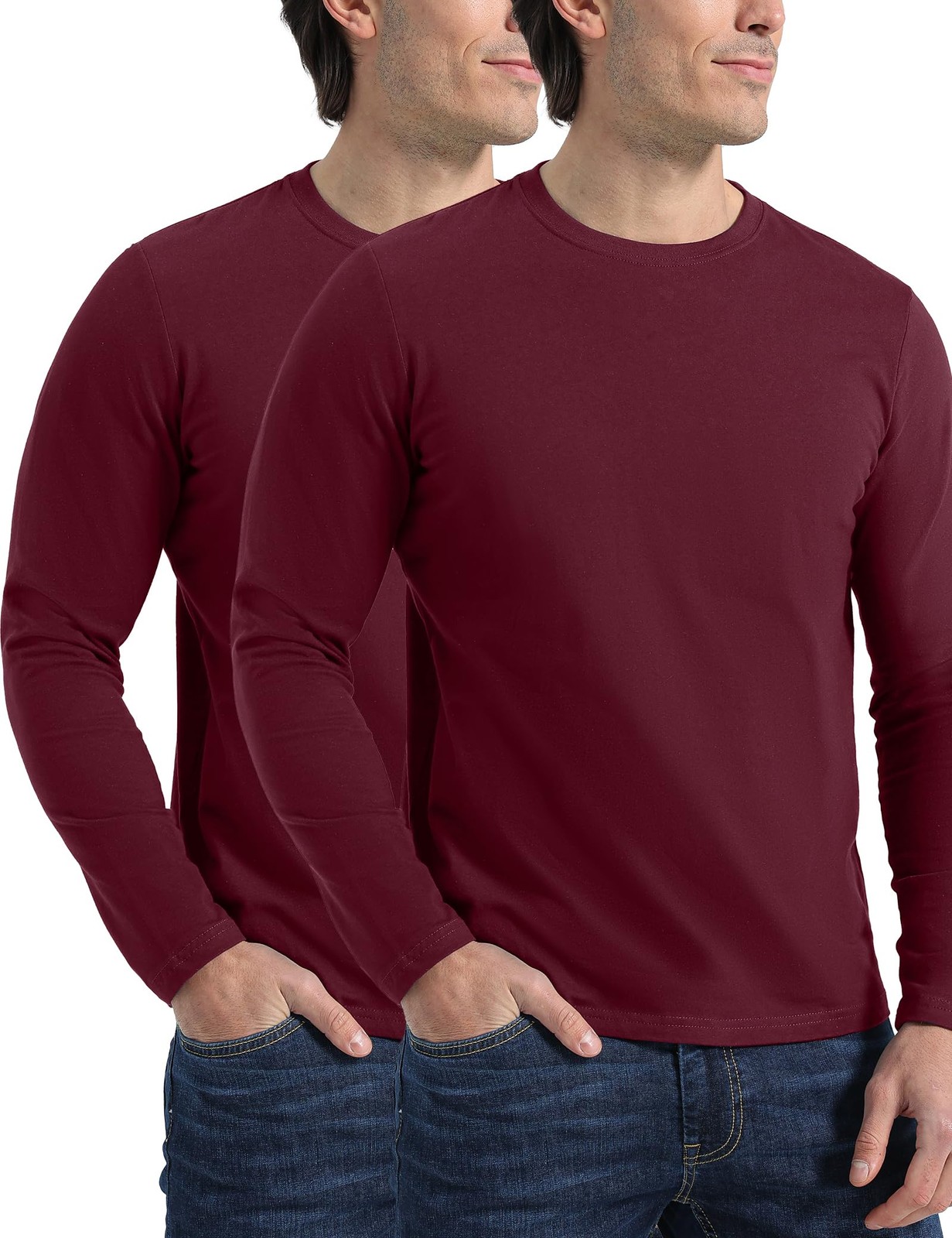 Men’s 2 Pack Long Sleeve Soft Casual Cotton Crew Neck Shirts (Wine Red, Large)