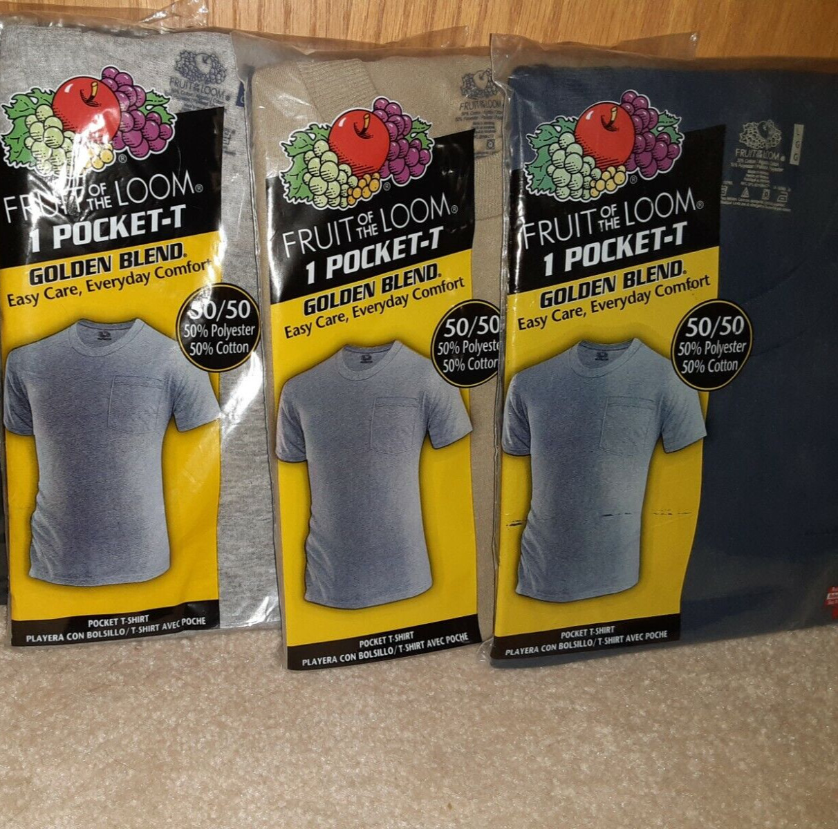 Brand New Lg Men’s Fruit of the Loom Lot of 3 Golden Blend T-shirts in Packages