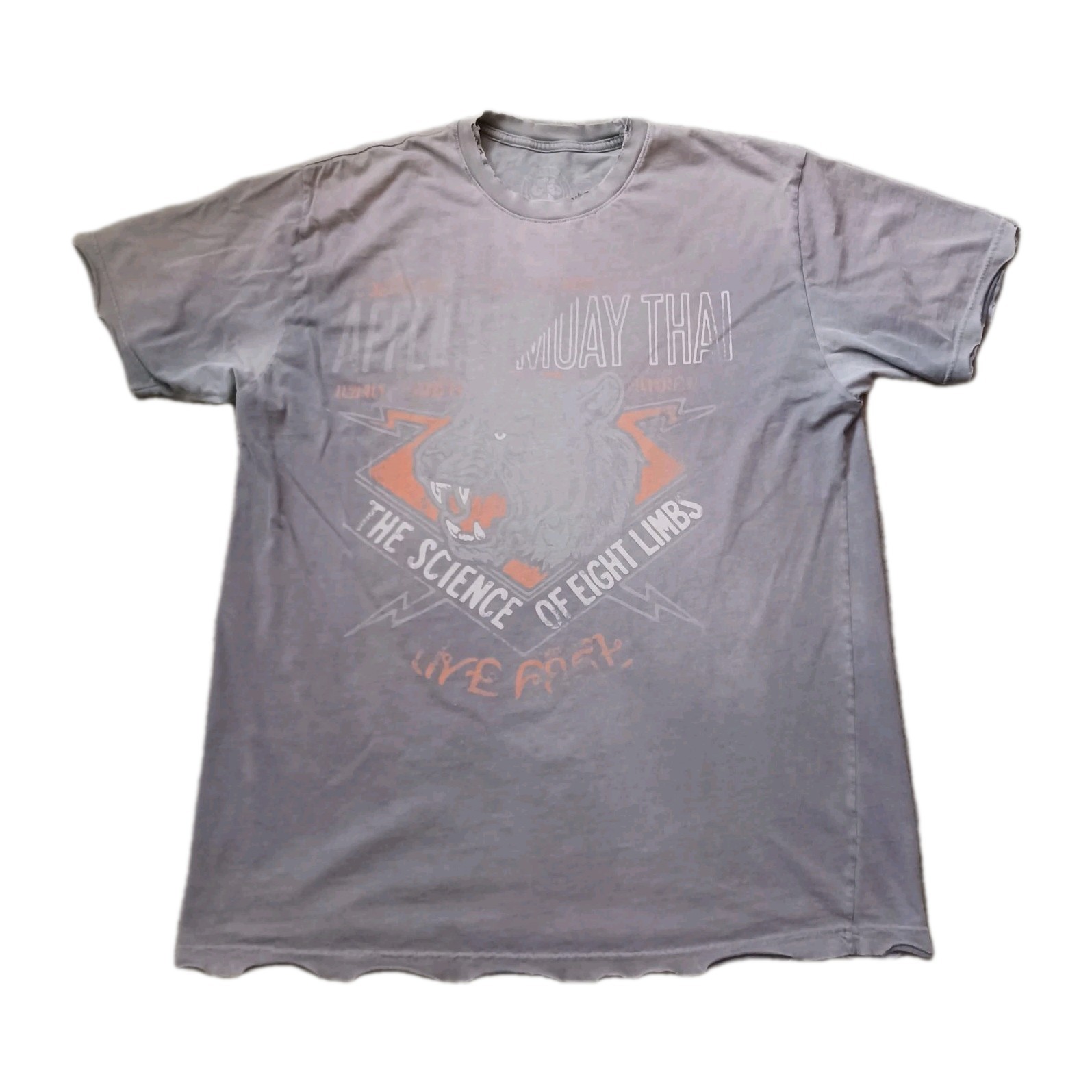 Affliction Sport T Shirt Mens XXL Gray Muay Thai Graphic Distressed Faded USA