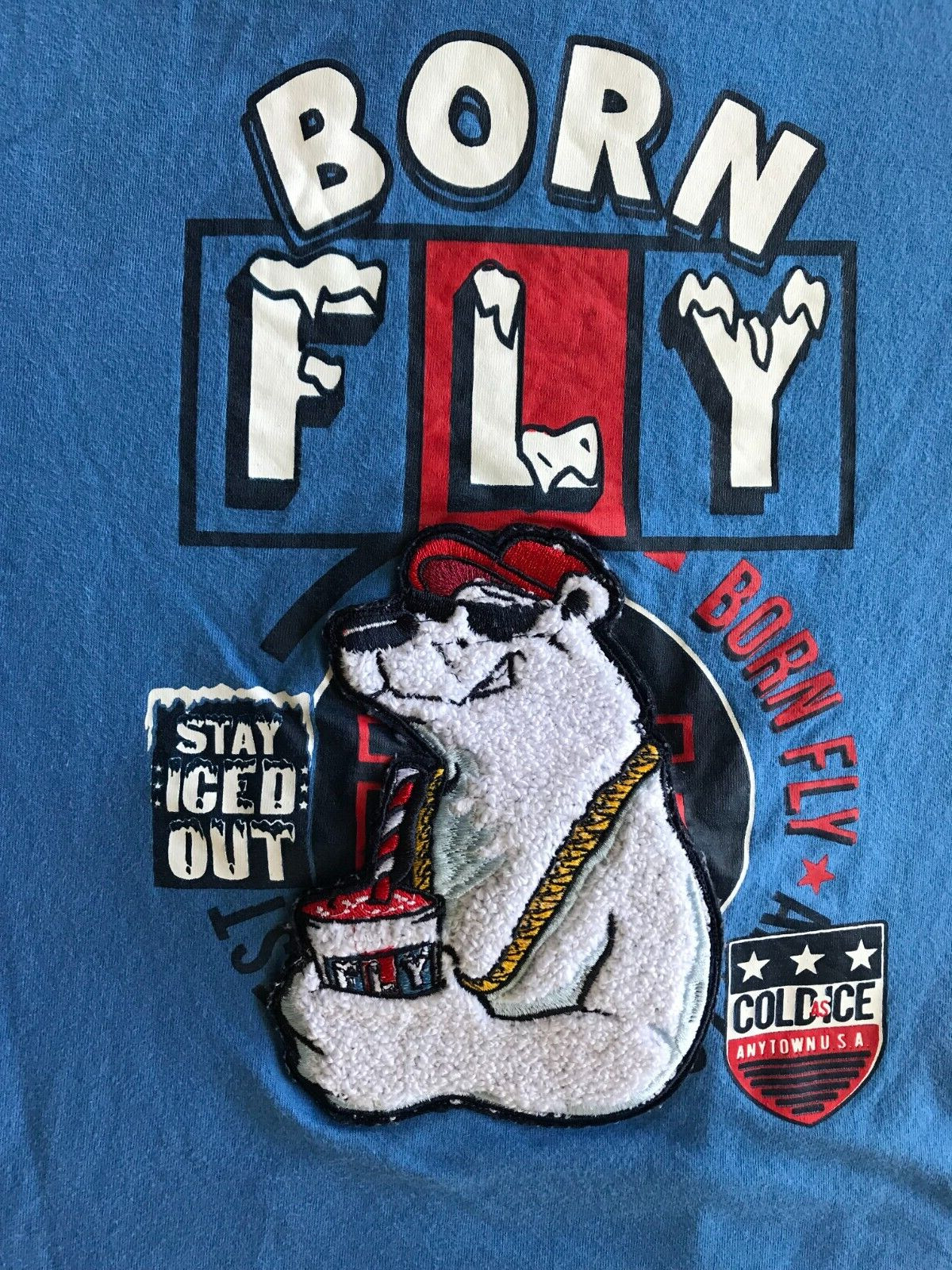 BORN FLY T SHIRT LARGE 14-16 WITH RAISED EMBOSSED BEAR RARE