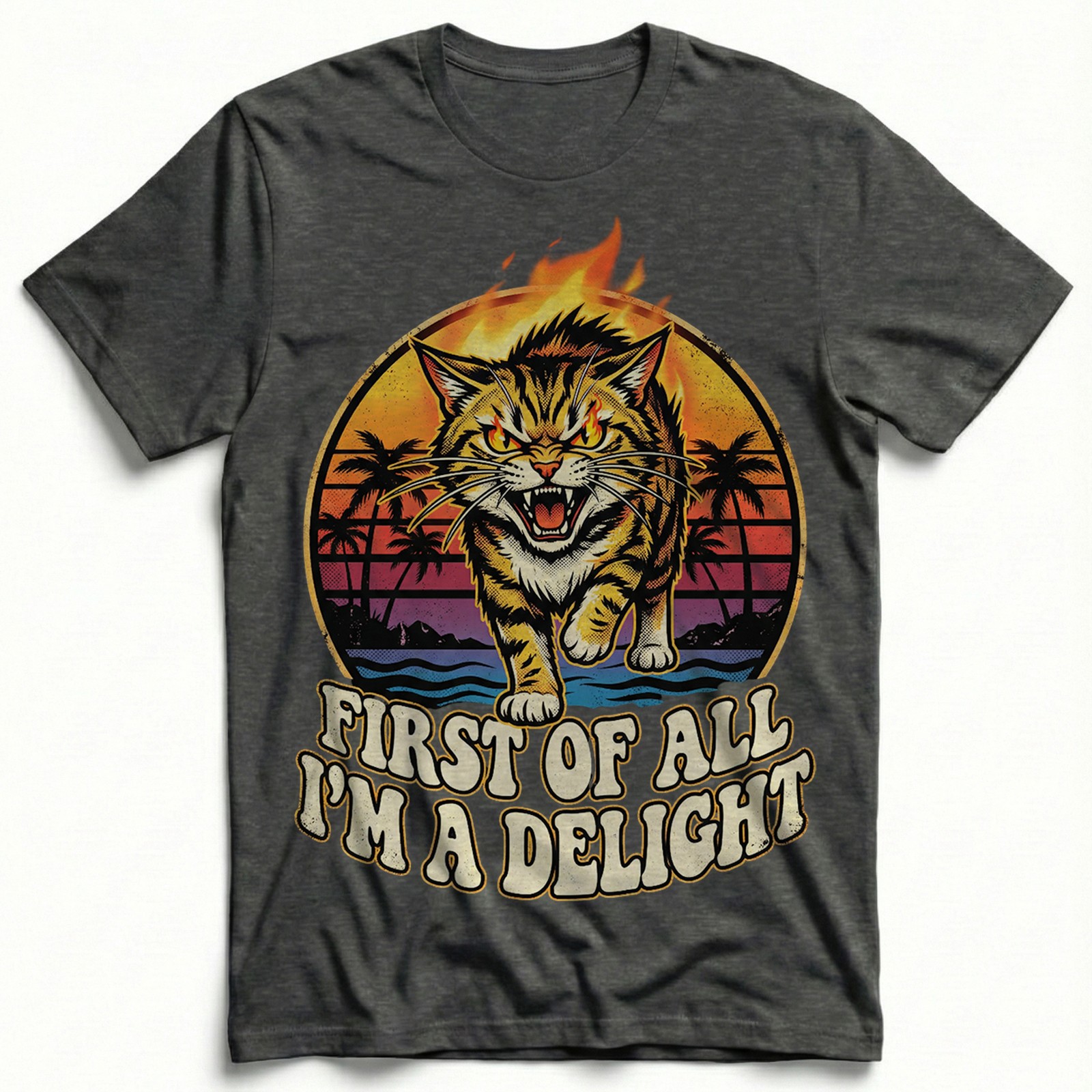 Angry Tiger Fire Eyes Tropical Beach Tee Retro Sunset Palm Trees T-Shirt