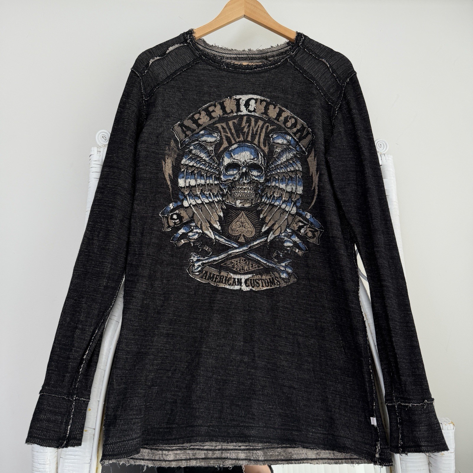 Affliction Reversible Thermal Shirt Mens Large Waffle Knit long Sleeve Y2K Wings