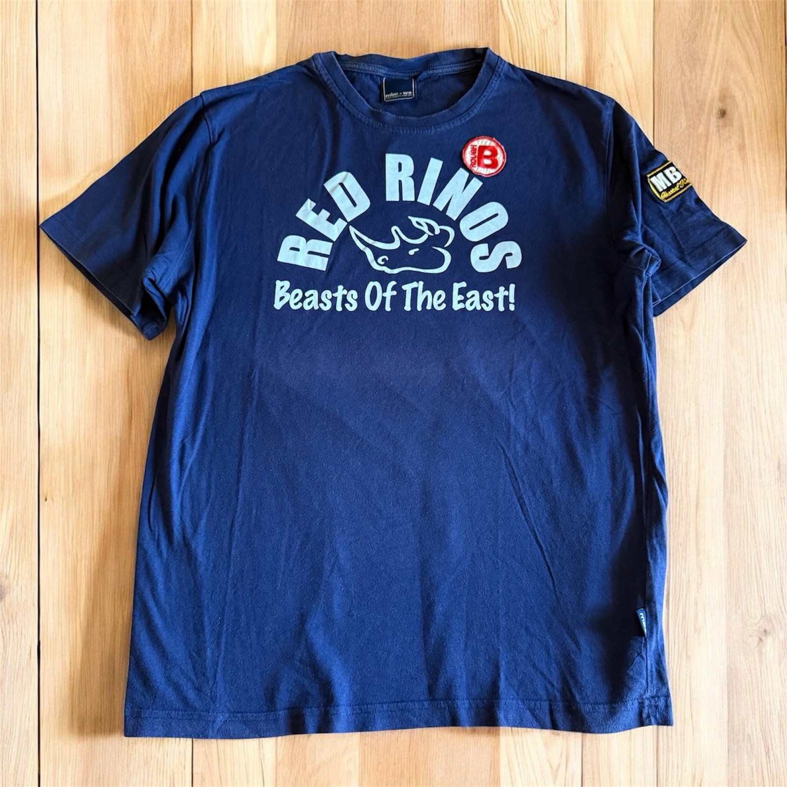VINTAGE 80s RED RINOS Beast of The East RUGBY Tshirt Size XL MB Logo 100% Cotton