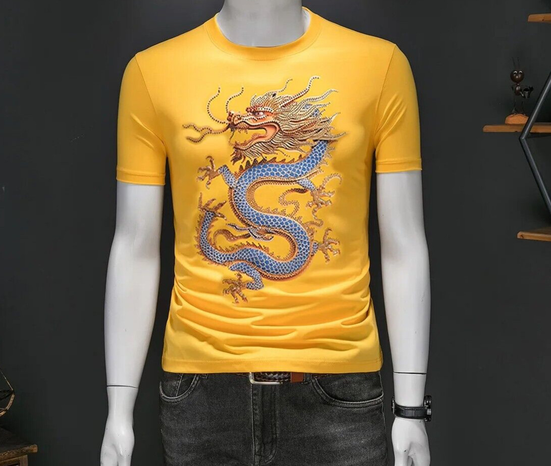 New Men Luxury Diamond Dragon Rhinestones Fashion T-Shirt High Quality