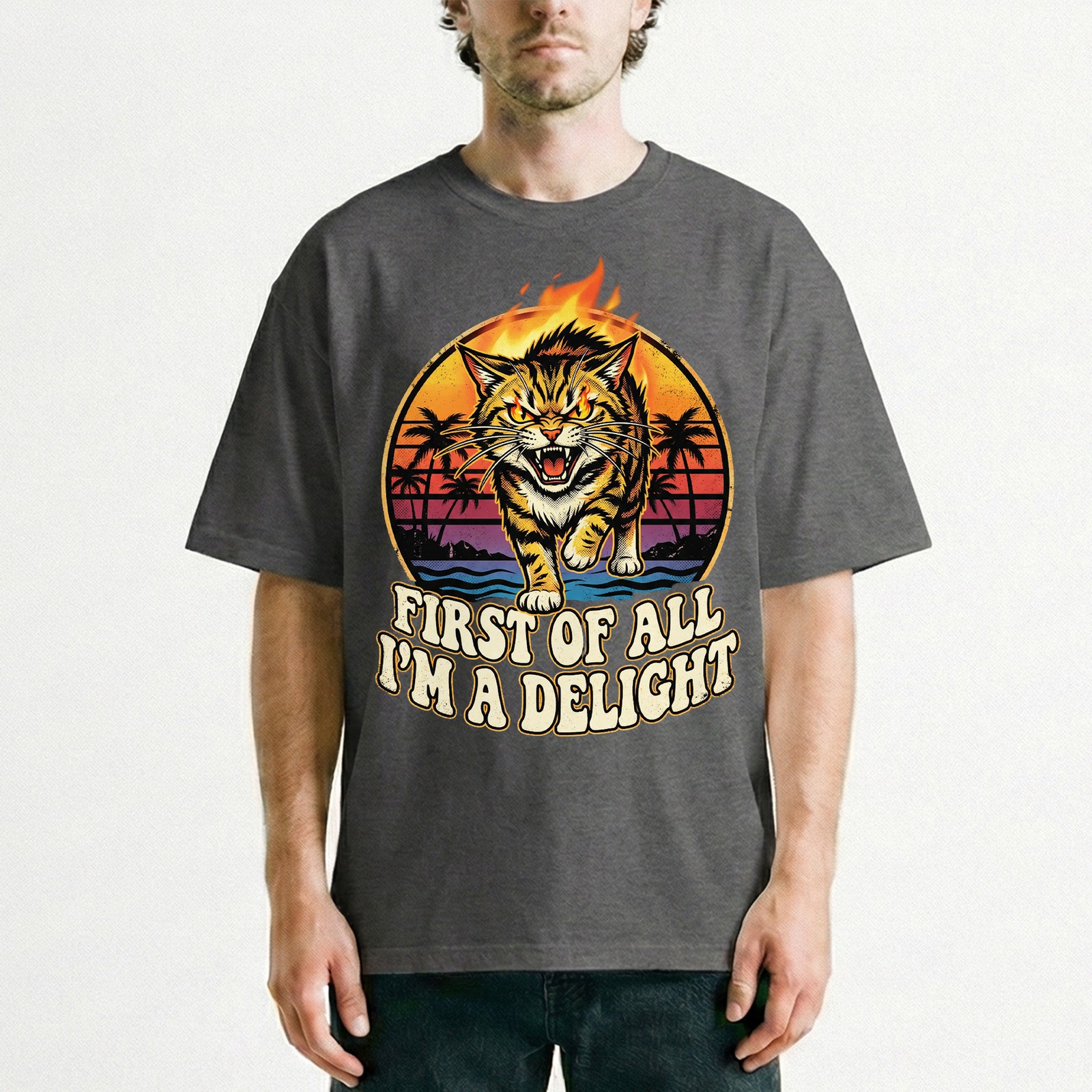 Angry Tiger Fire Eyes Tropical Beach Tee Retro Sunset Palm Trees T-Shirt