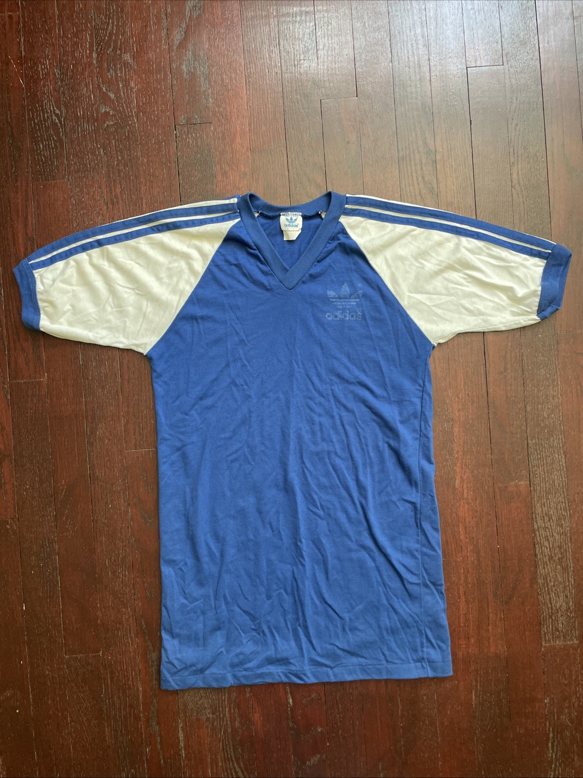 80s Vtg Adidas Trefoil USA MADE V-Neck LONG jersey Tee shirt blue white size M