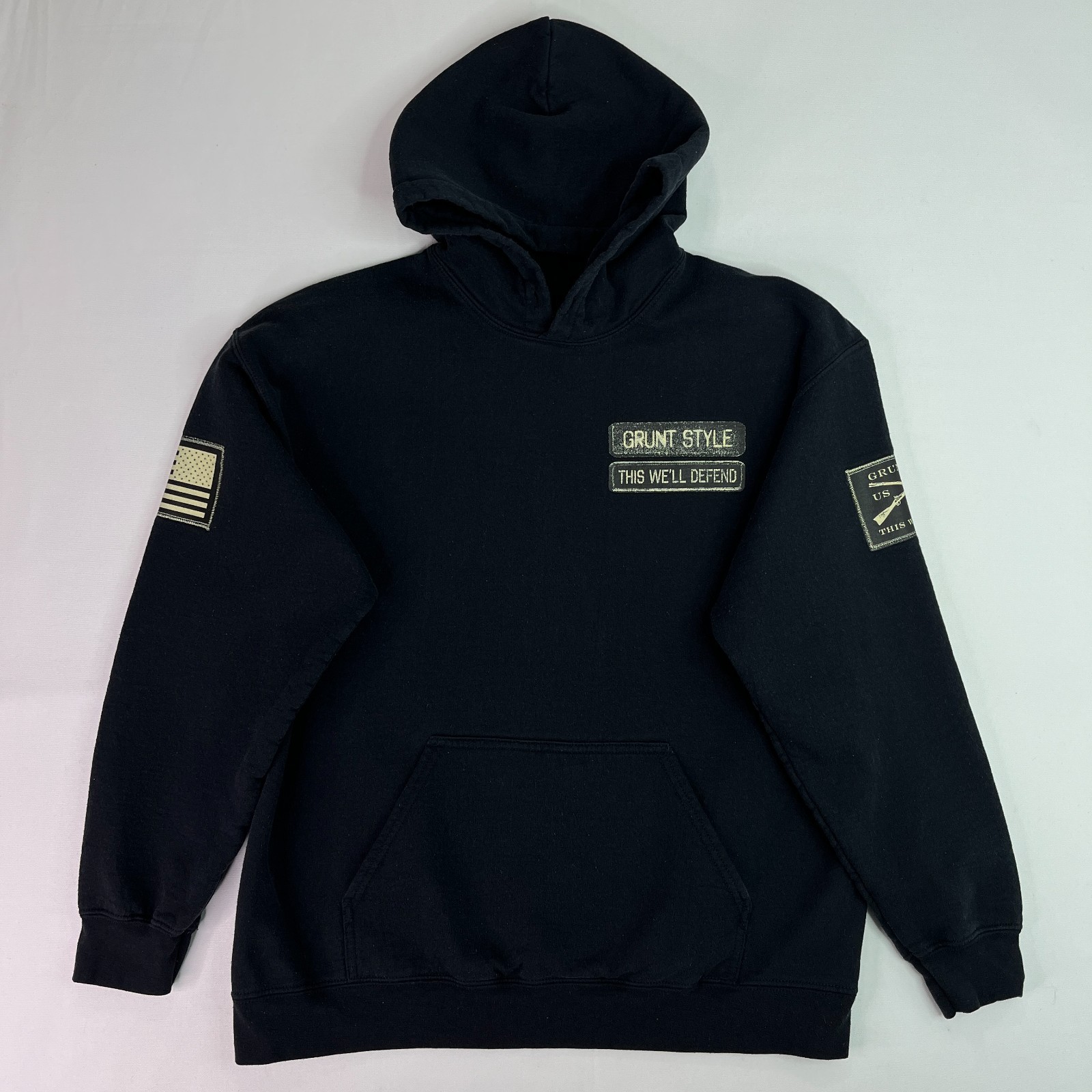 Grunt Style XL Black Hoodie American Flag Sleeve This We’ll Defend Pullover