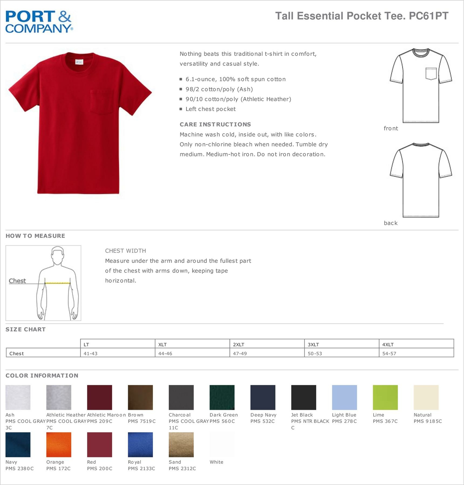 Port & Company Mens Tall Pocket T-Shirt 6.1 oz Cotton Heavy weight Tee M-PC61PT