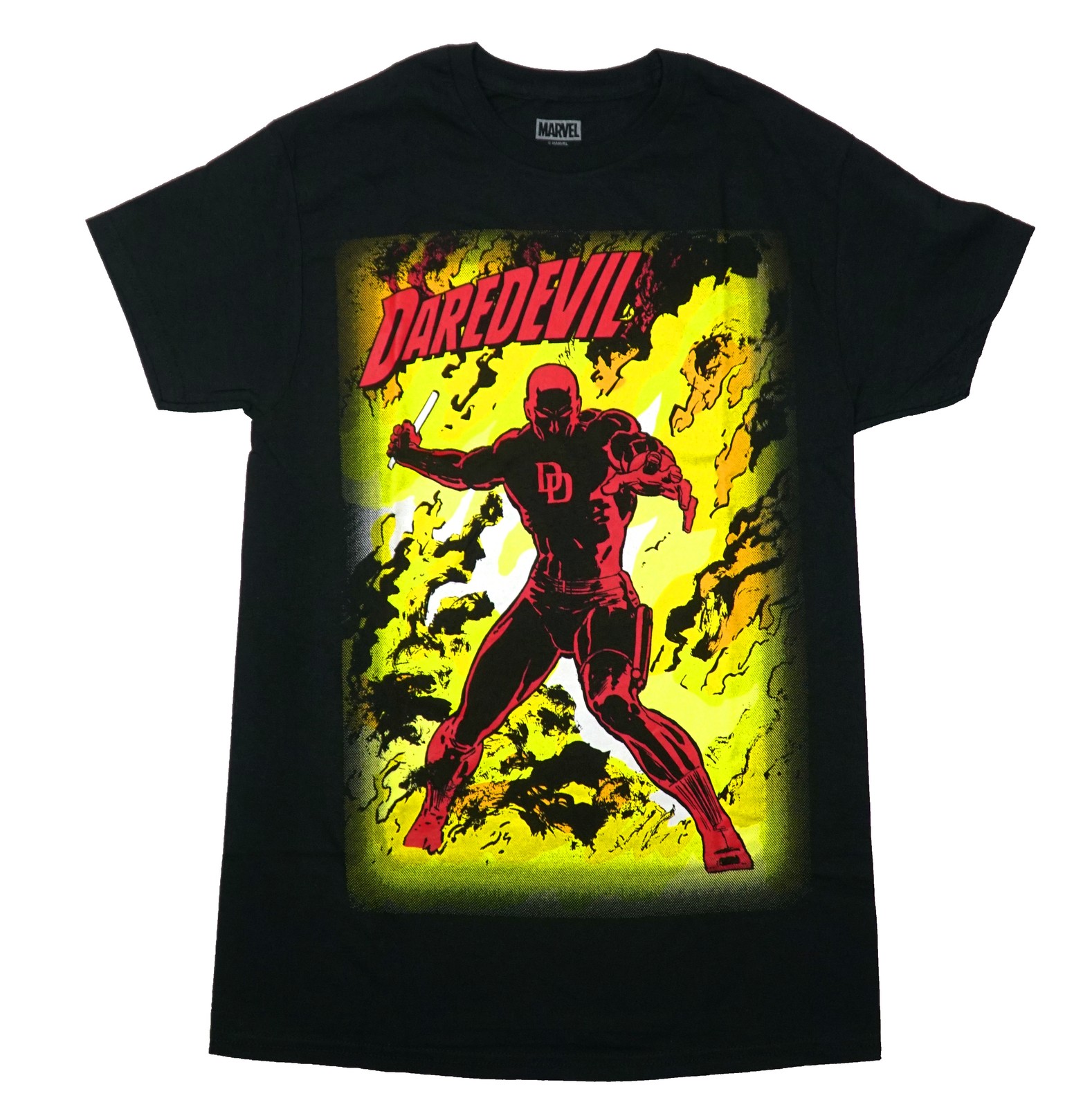 Daredevil New Adult T-Shirt – Holding Baton In Front of Yellow Background