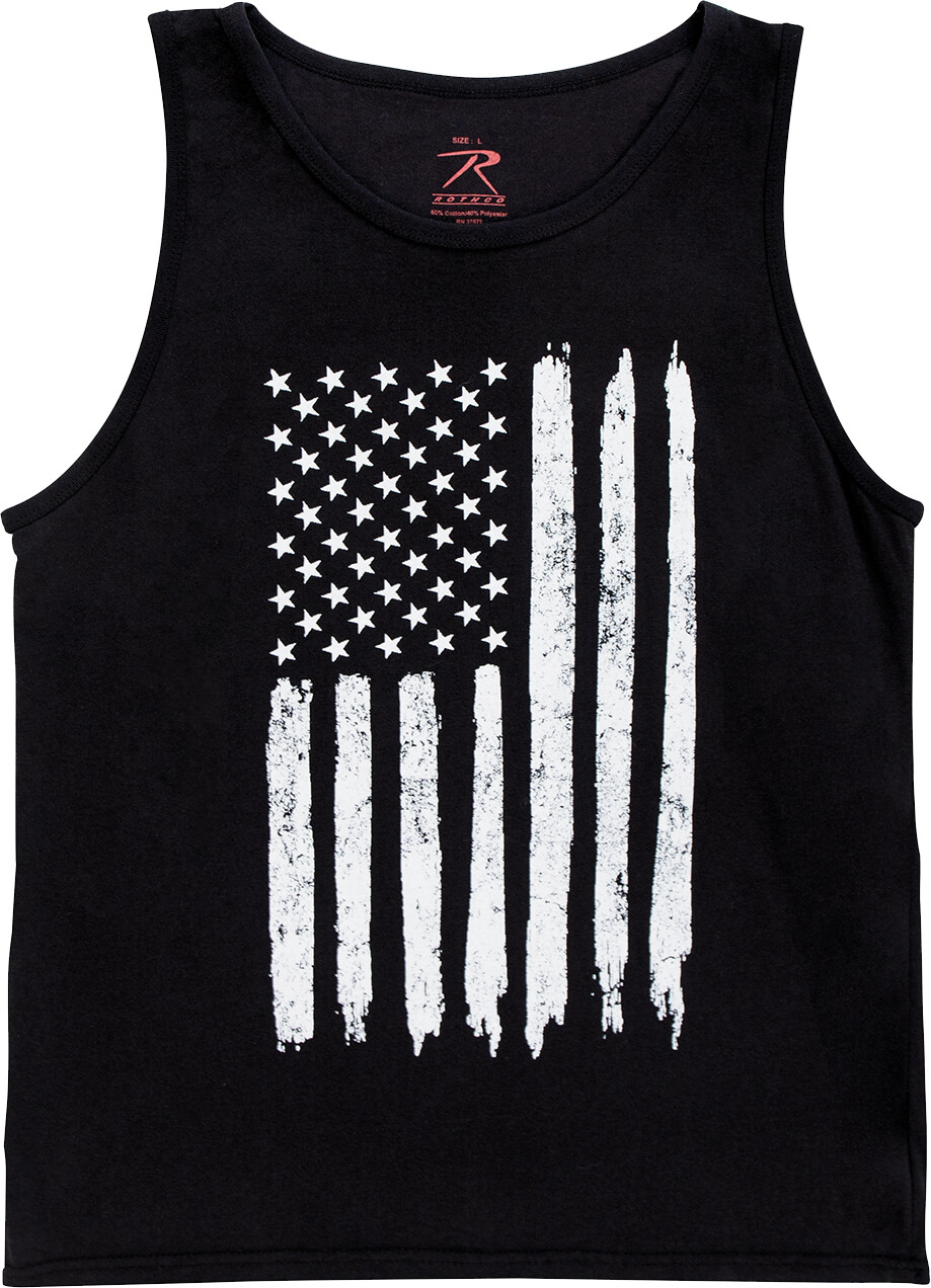 Black Tank Top Sleeveless Muscle Tee Distressed U.S. Flag T-Shirt