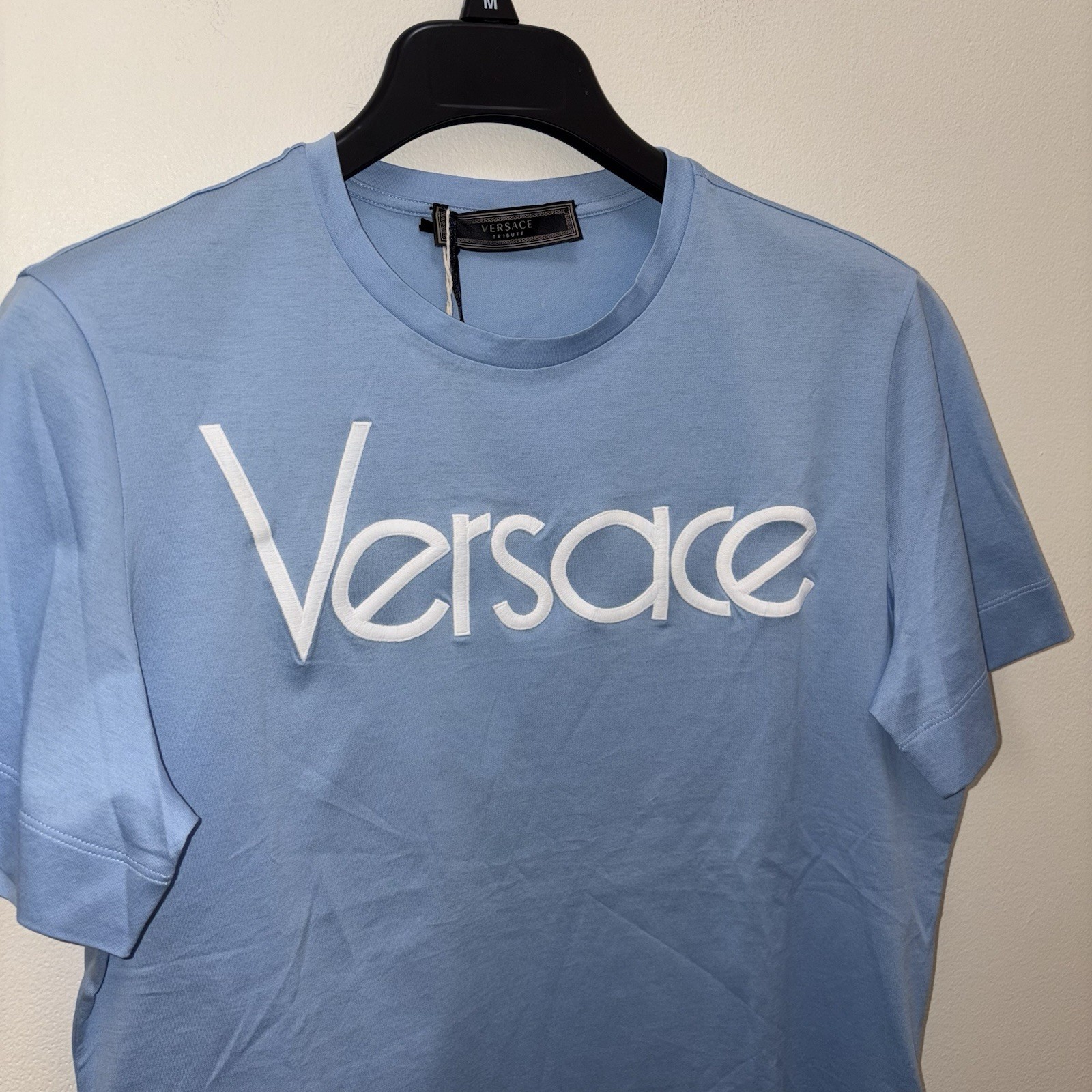 VERSACE NWT 90’s Tribute Runway Blue Logo Tee Shirt Medium Collectible Designer