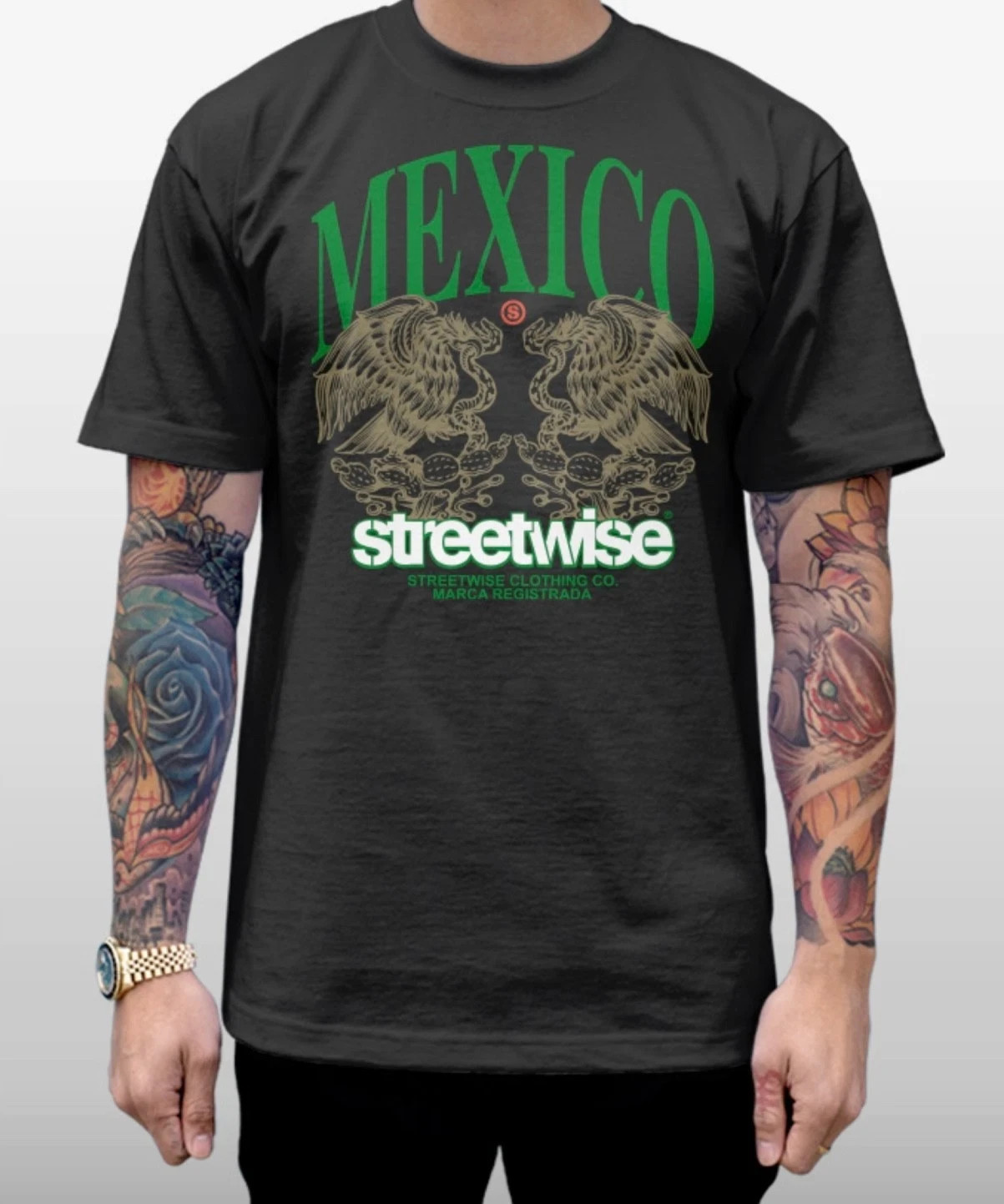 Streetwise Las Aguilas Men’s T-Shirt Black Mexico Tee Heavyweight Cotton
