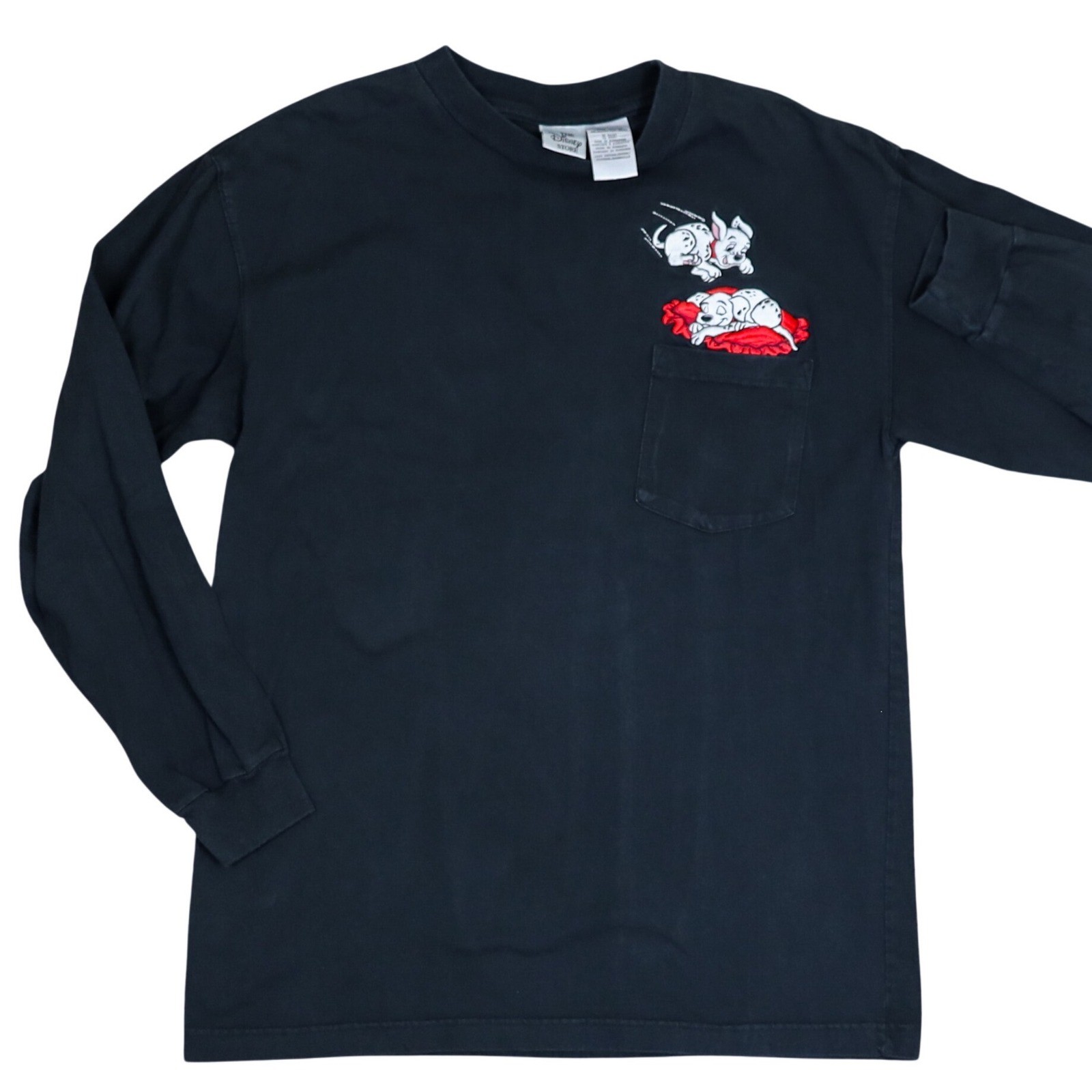 Vintage Disney 101 Dalmatians Long Sleeve T-Shirt Black Embroidered Pocket Tee L