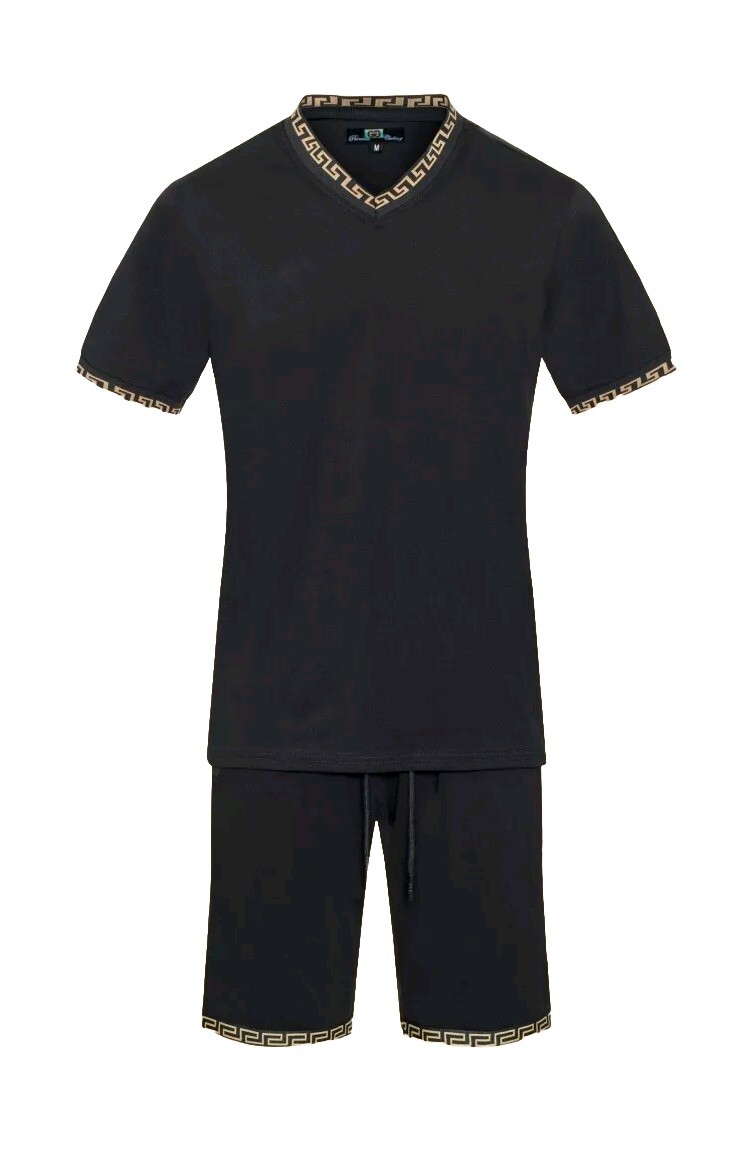 Men’s Italian fashion Black Short Sleeves T-shirt/short Set Greek Key V neck
