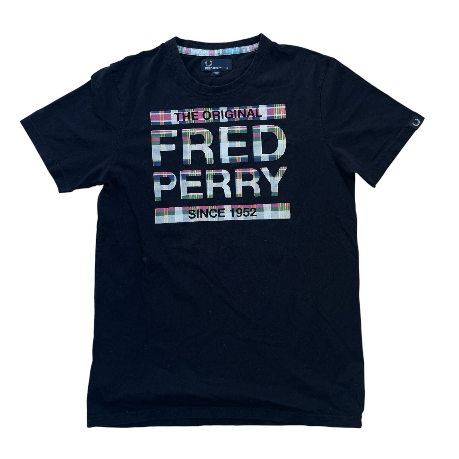 The Original Fred Perry T Shirt Crew Neck Black Plaid Detail Mens Small