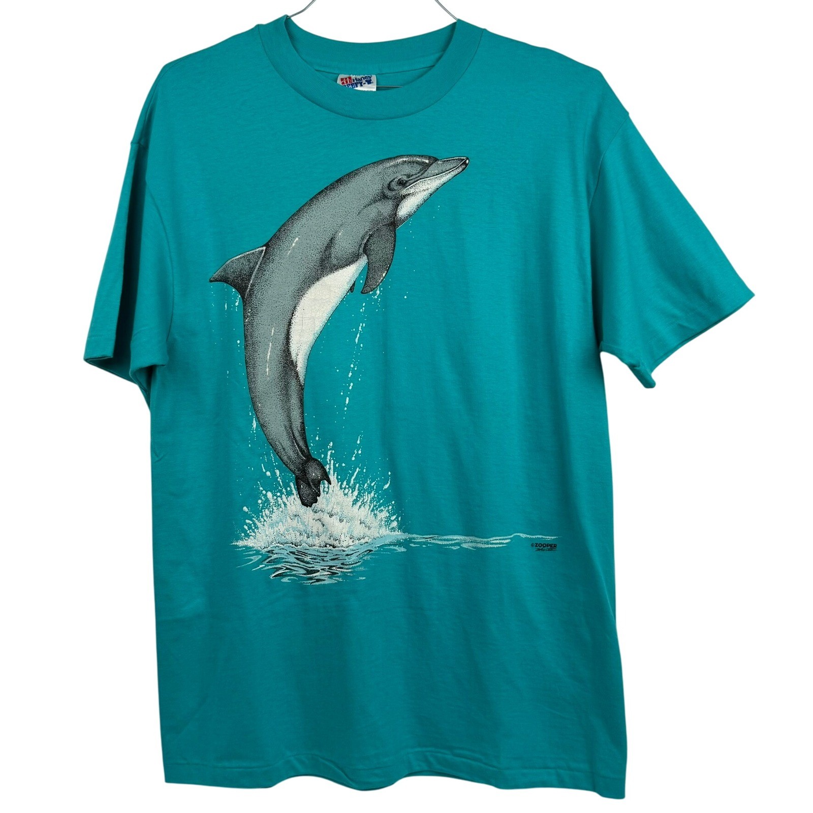 VTG 90s Painted Graphic T-Shirt S.S. Dolphins B.H. Hanes Beefy-T Teal Blue
