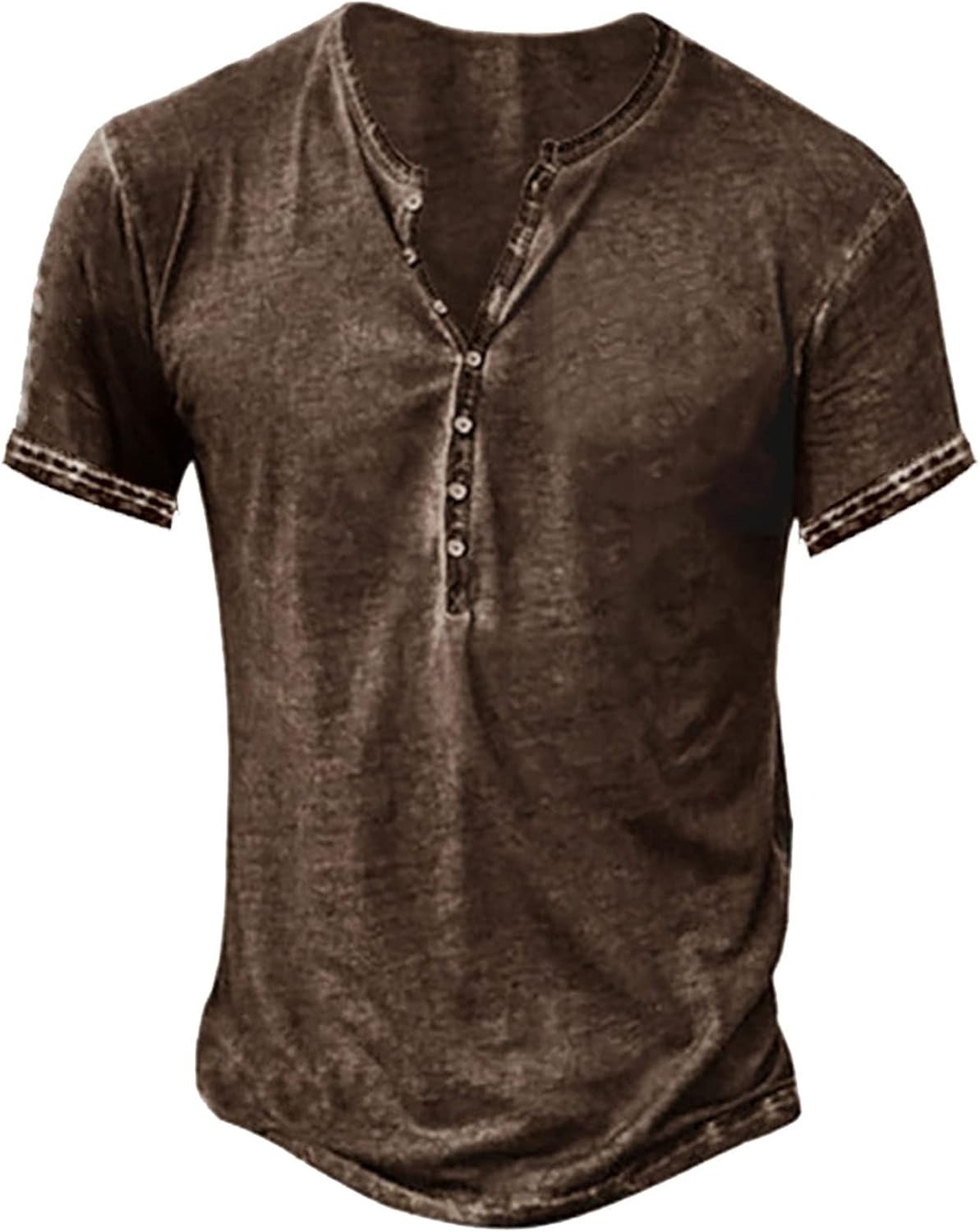 Mens Distressed Henley Shirt Short Sleeve Retro Washed Casual Slim Fit Tee