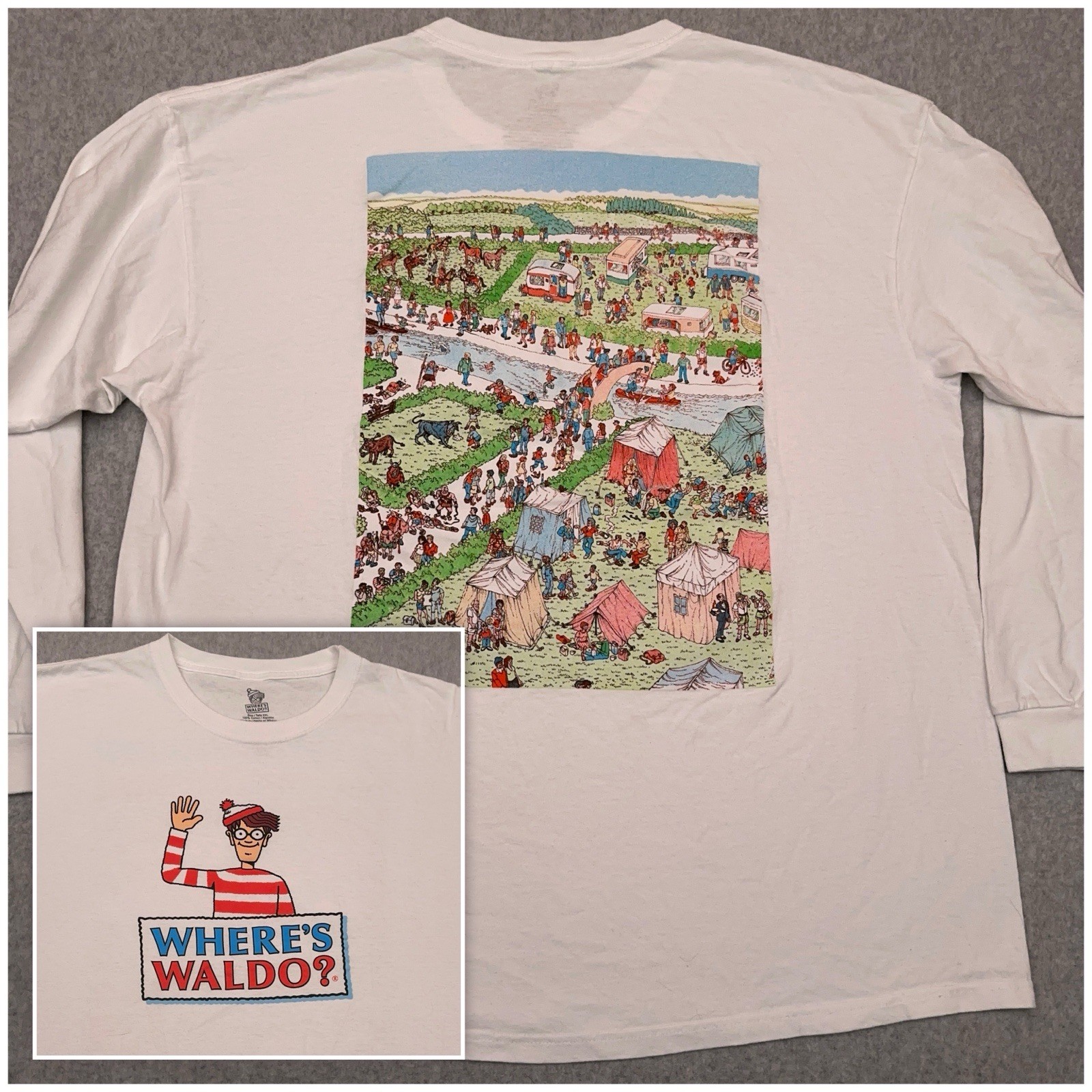 Where’s Waldo Long Sleeve T-Shirt Men’s XXL White At The Campground Crew Neck