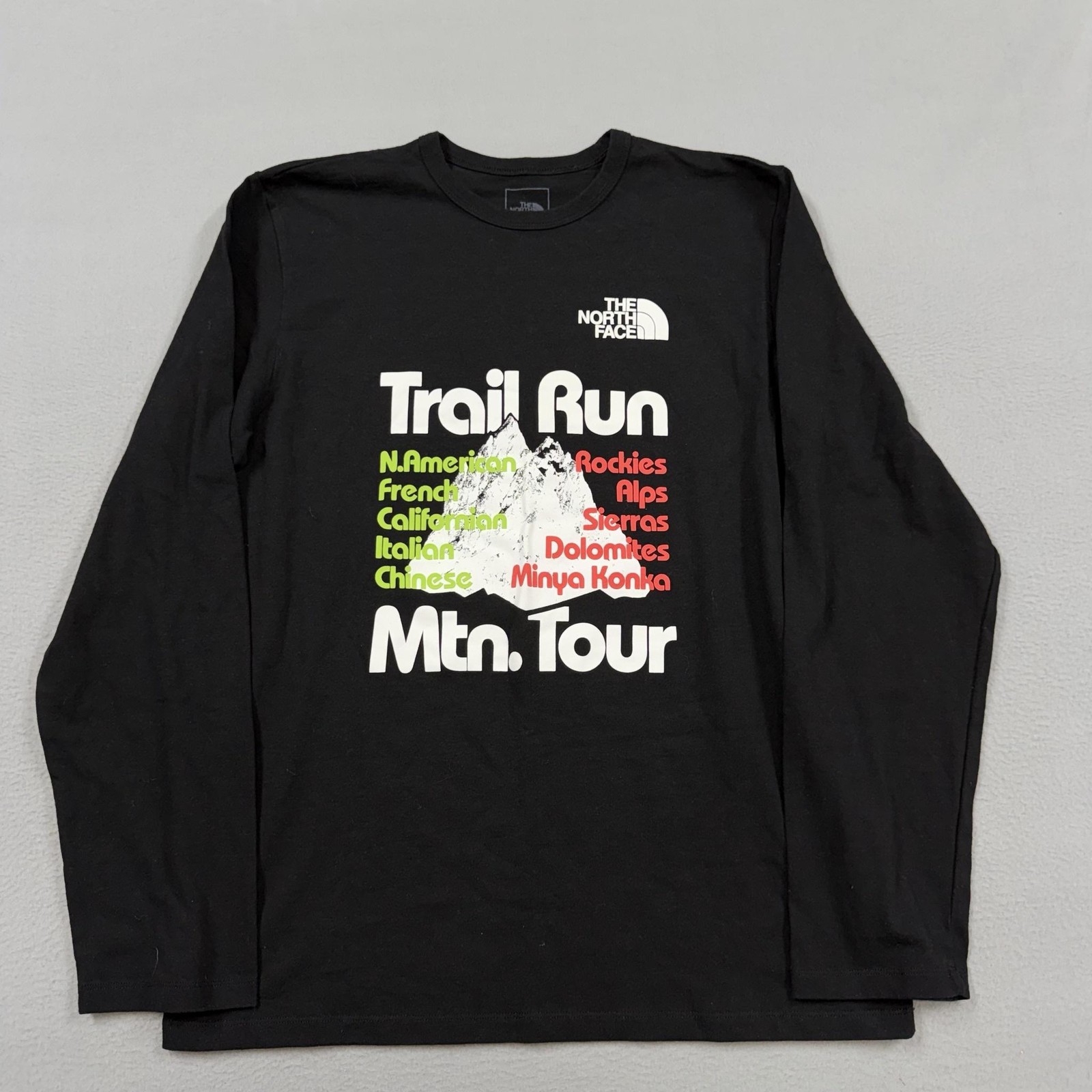 The North Face Shirt Mens Large Black Long Sleeve Trail Run Mtn Tour Graphic