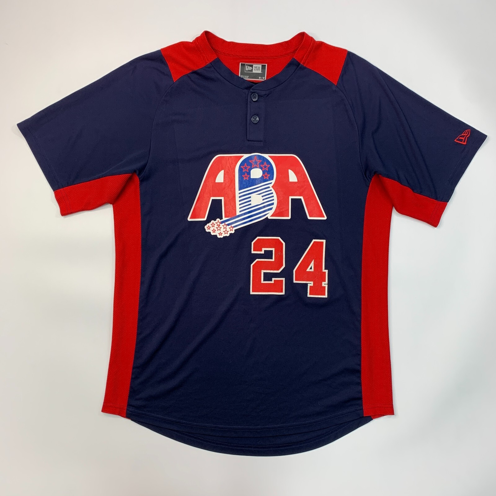 New Era ABA Baseball Jersey Mens M Medium Navy Blue Red Henley Short Sleeve