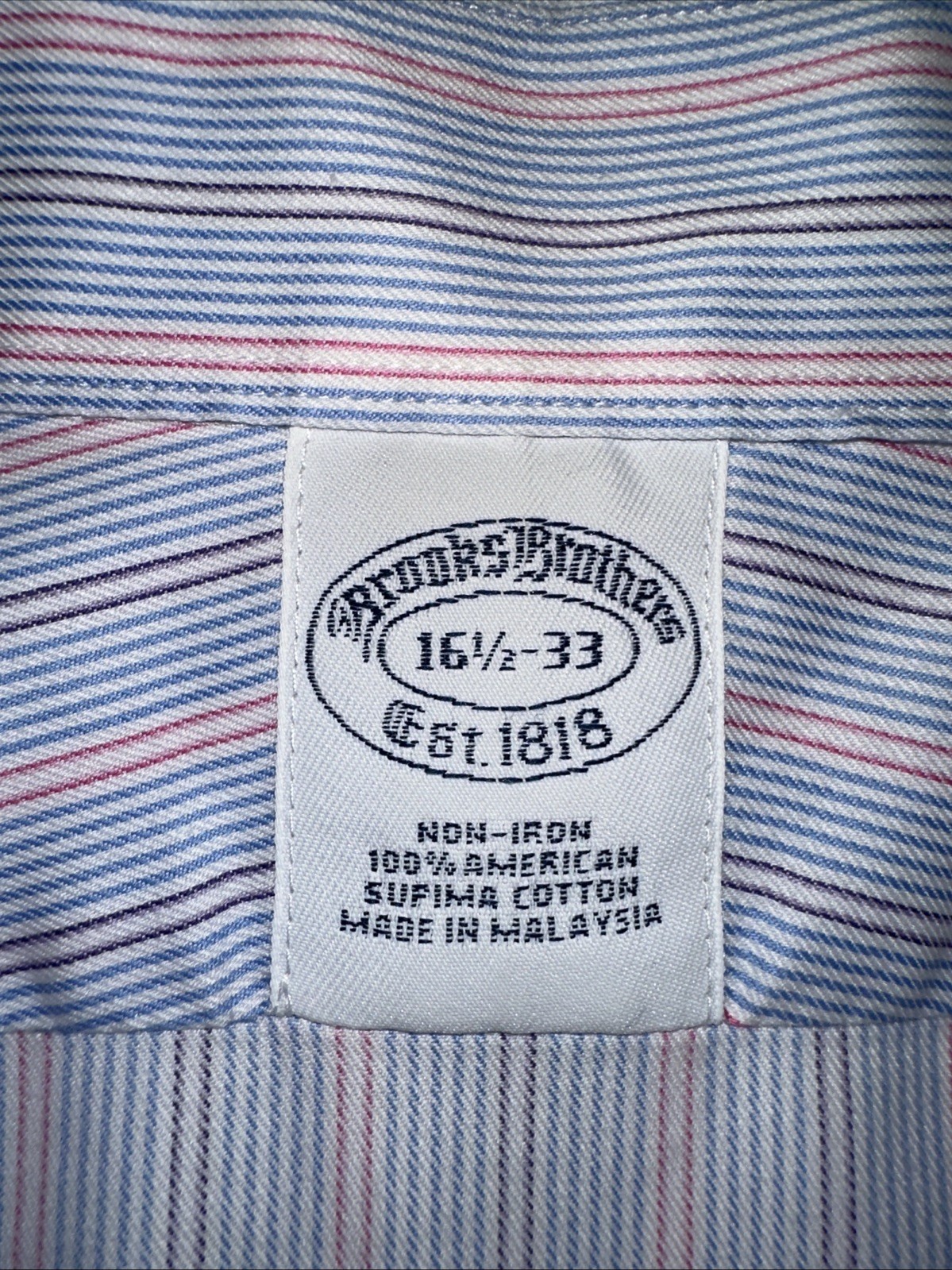 Brooks Brothers Classic 16.5 33 Blue White Striped Non-Iron Supima Cotton Shirt